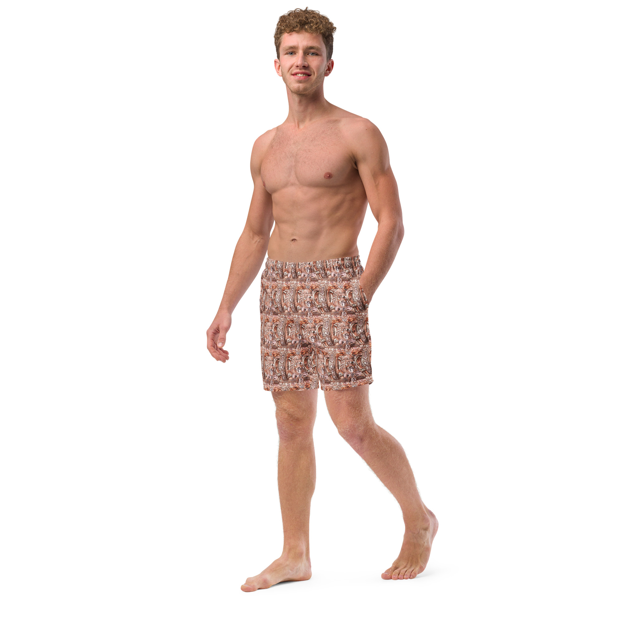 Rose Lion All-Over Print Recycled Men’s Swim Trunks | Geometric Rose Gold Crown Beachwear