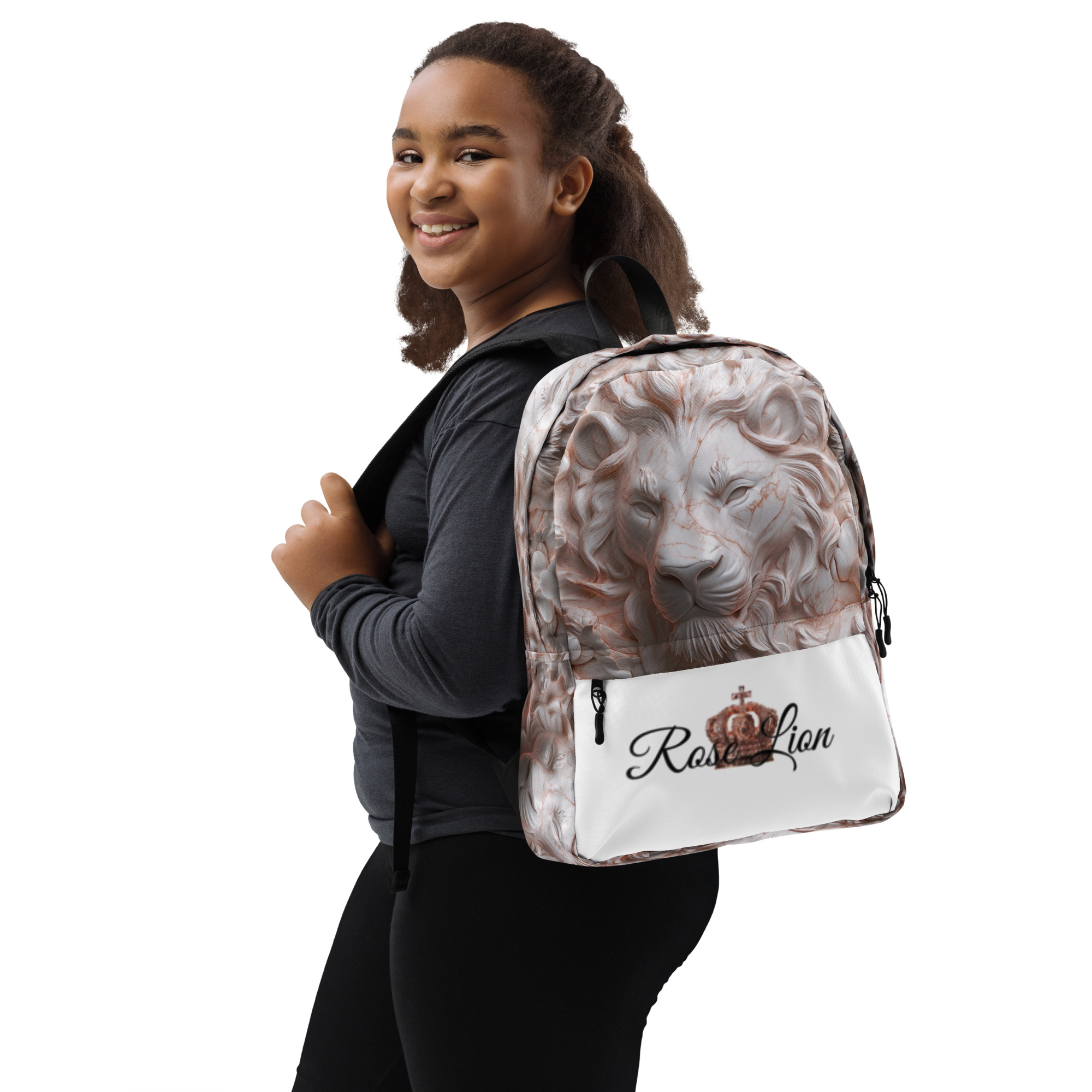 Trendy Lion Face Backpack – Rose Marble Print School, College, Travel Bag