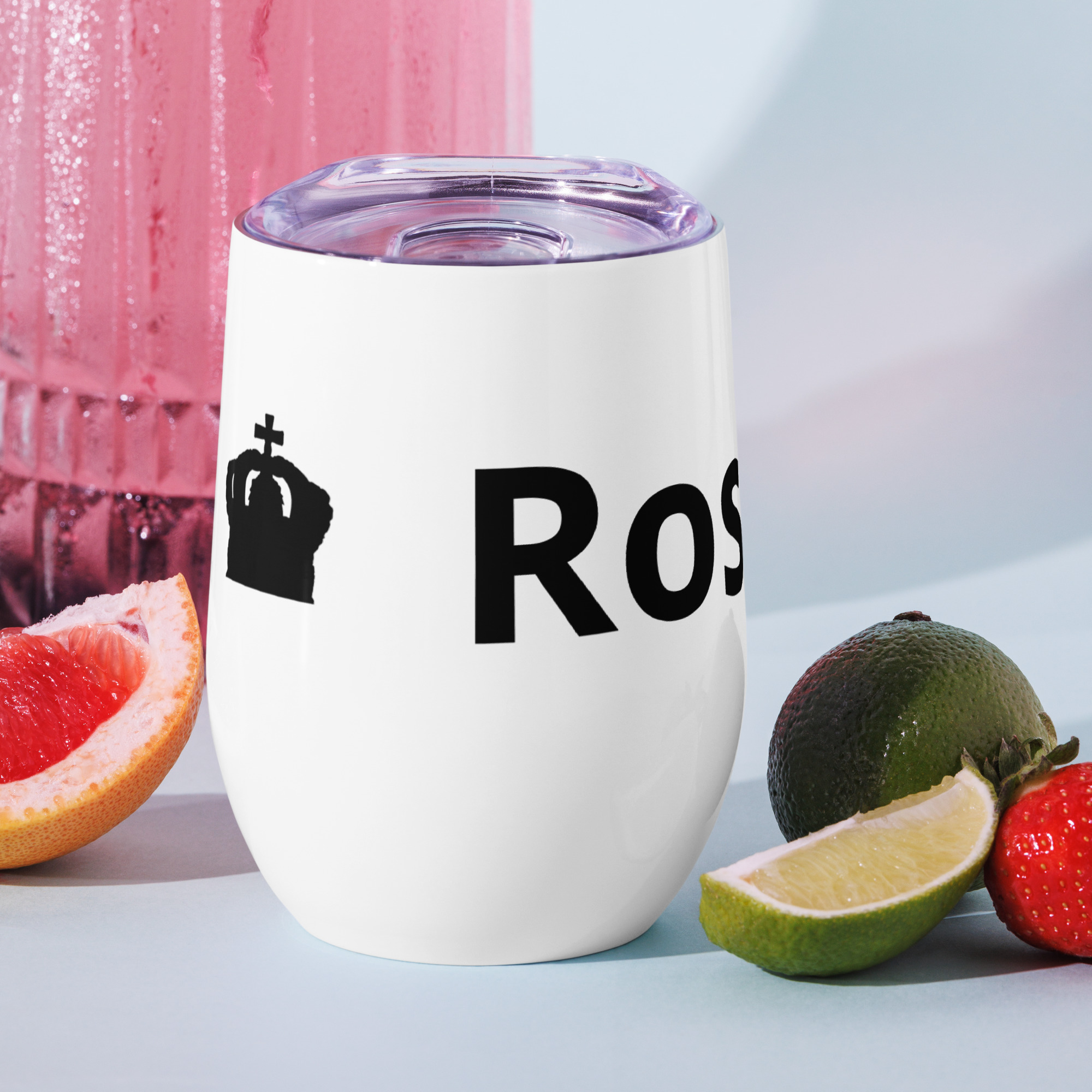 Rose Lion Icon Insulated Wine Tumbler – White with Black Branding | Elegant Stainless Steel Cup