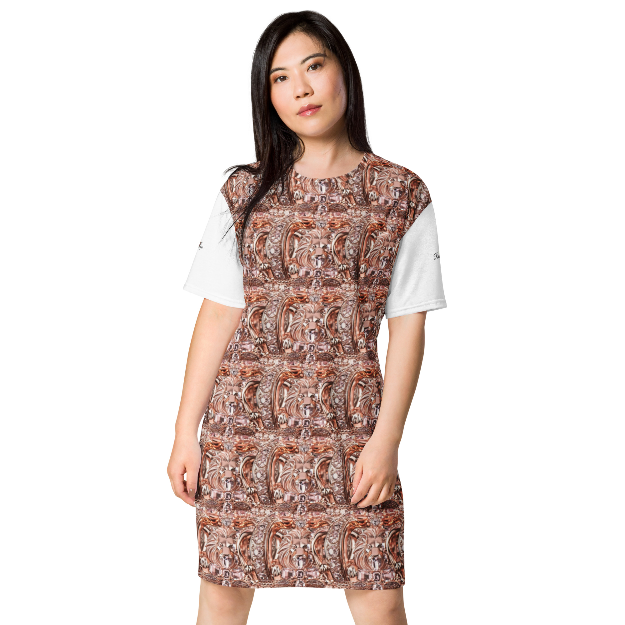 Rose Lion Women’s Designer T-Shirt Dress | Geometric Rose Gold Crown Statement Style