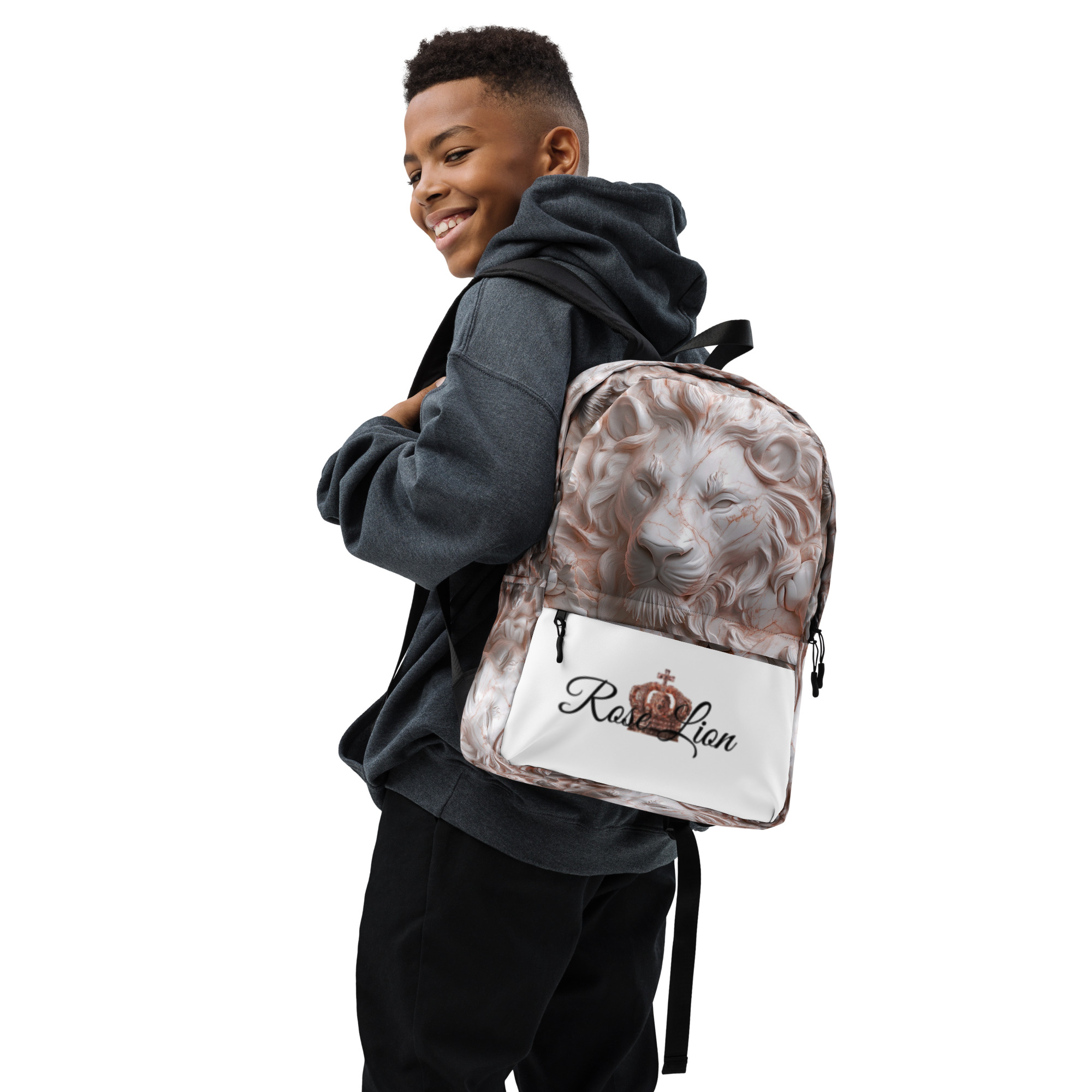 Trendy Lion Face Backpack – Rose Marble Print School, College, Travel Bag