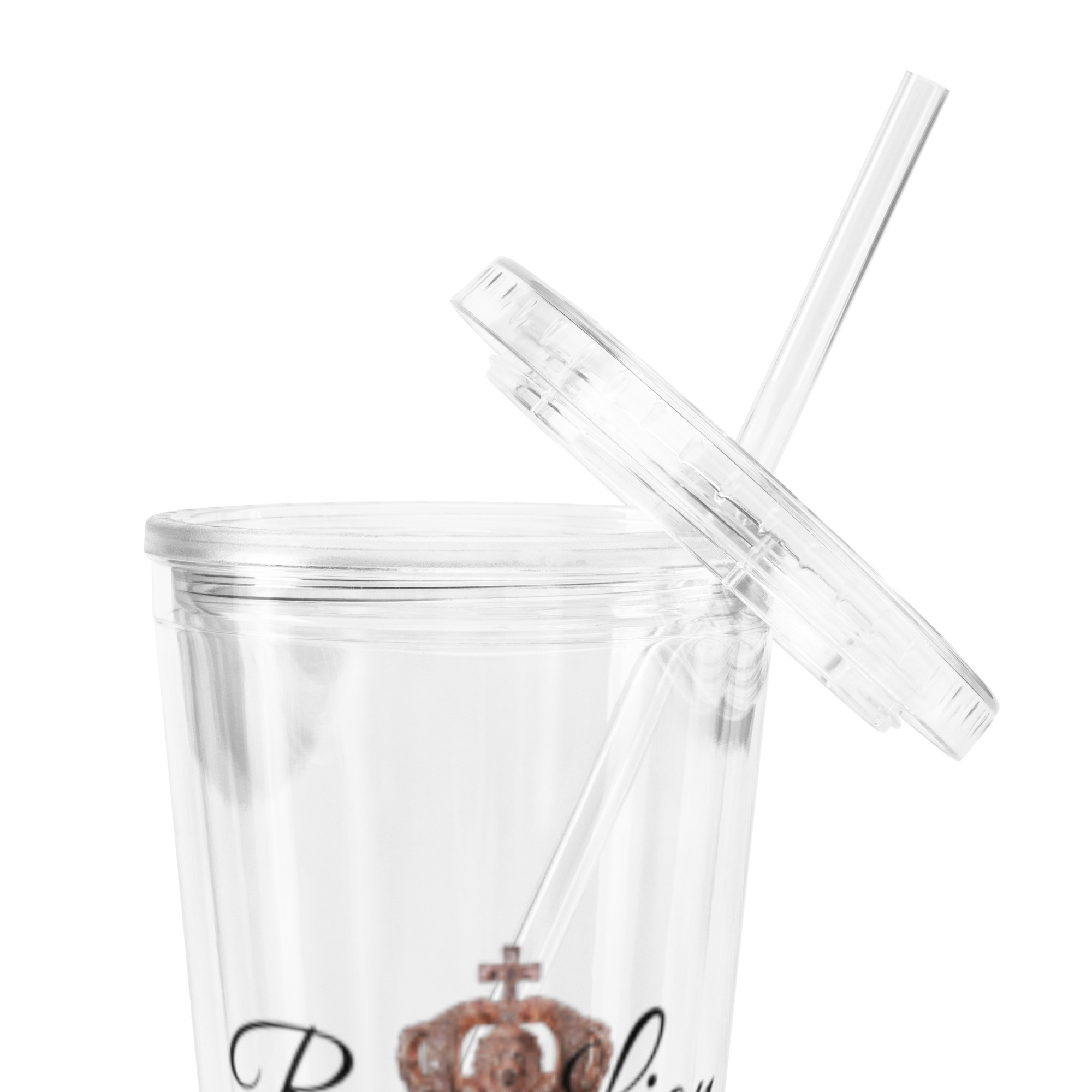 Rose Lion Icon Clear Tumbler with Lid & Straw – Transparent Cup with Black Branding