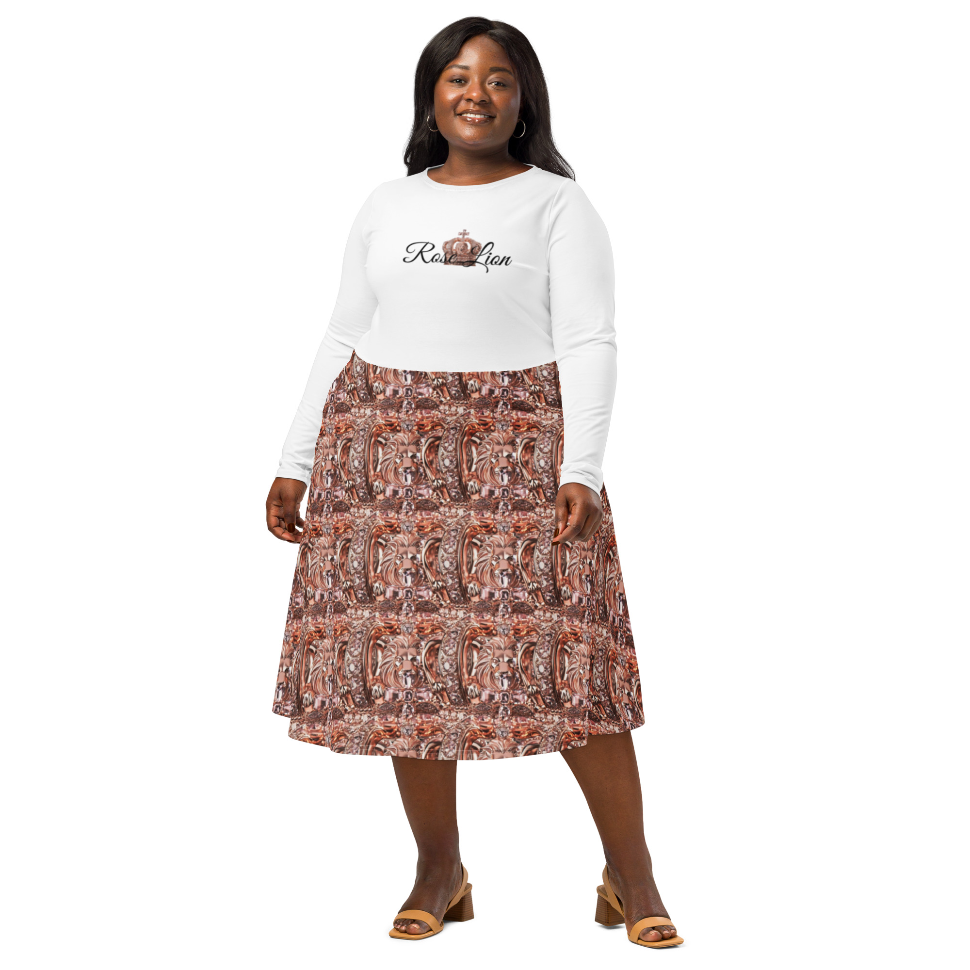 All-Over Designer Print Long Sleeve Midi Dress – Stylish & Elegant Outfit