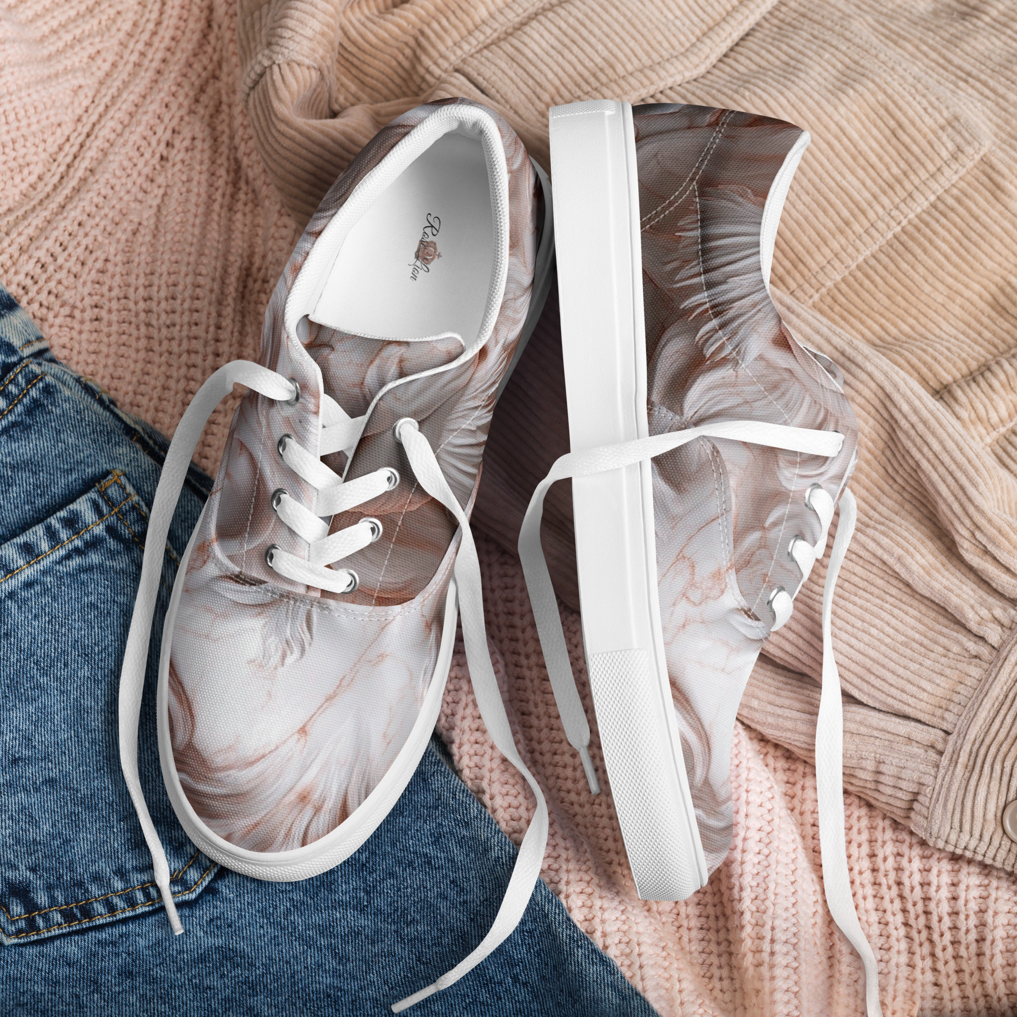 Rose Marble Lion Face Lace-Up Women's Canvas Sneakers Shoes, Trendy & Stylish