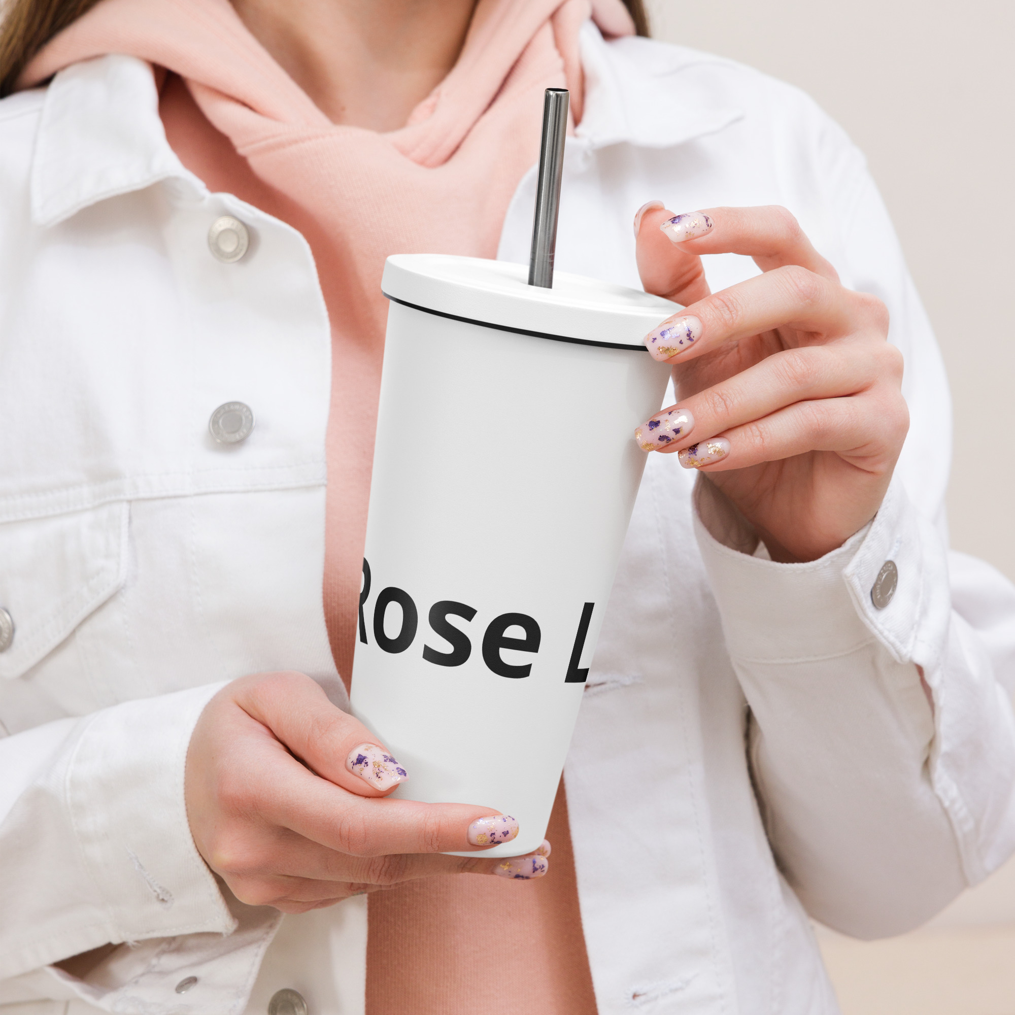 Rose Lion Icon Insulated Travel Tumbler – White with Black Branding & Reusable Straw