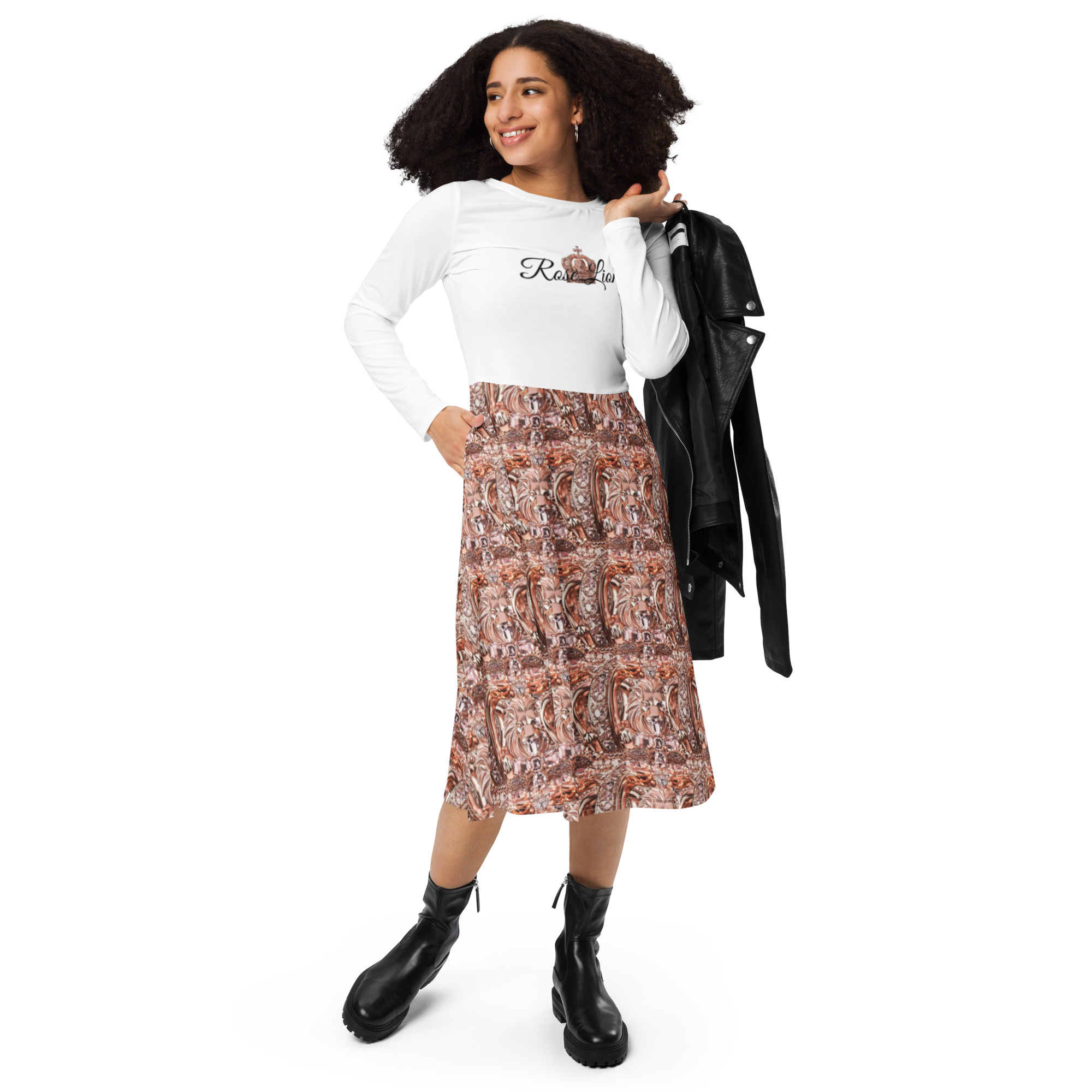 All-Over Designer Print Long Sleeve Midi Dress – Stylish & Elegant Outfit