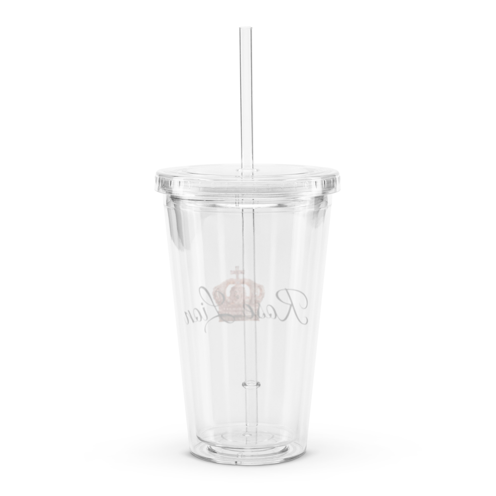 Rose Lion Icon Clear Tumbler with Lid & Straw – Transparent Cup with Black Branding