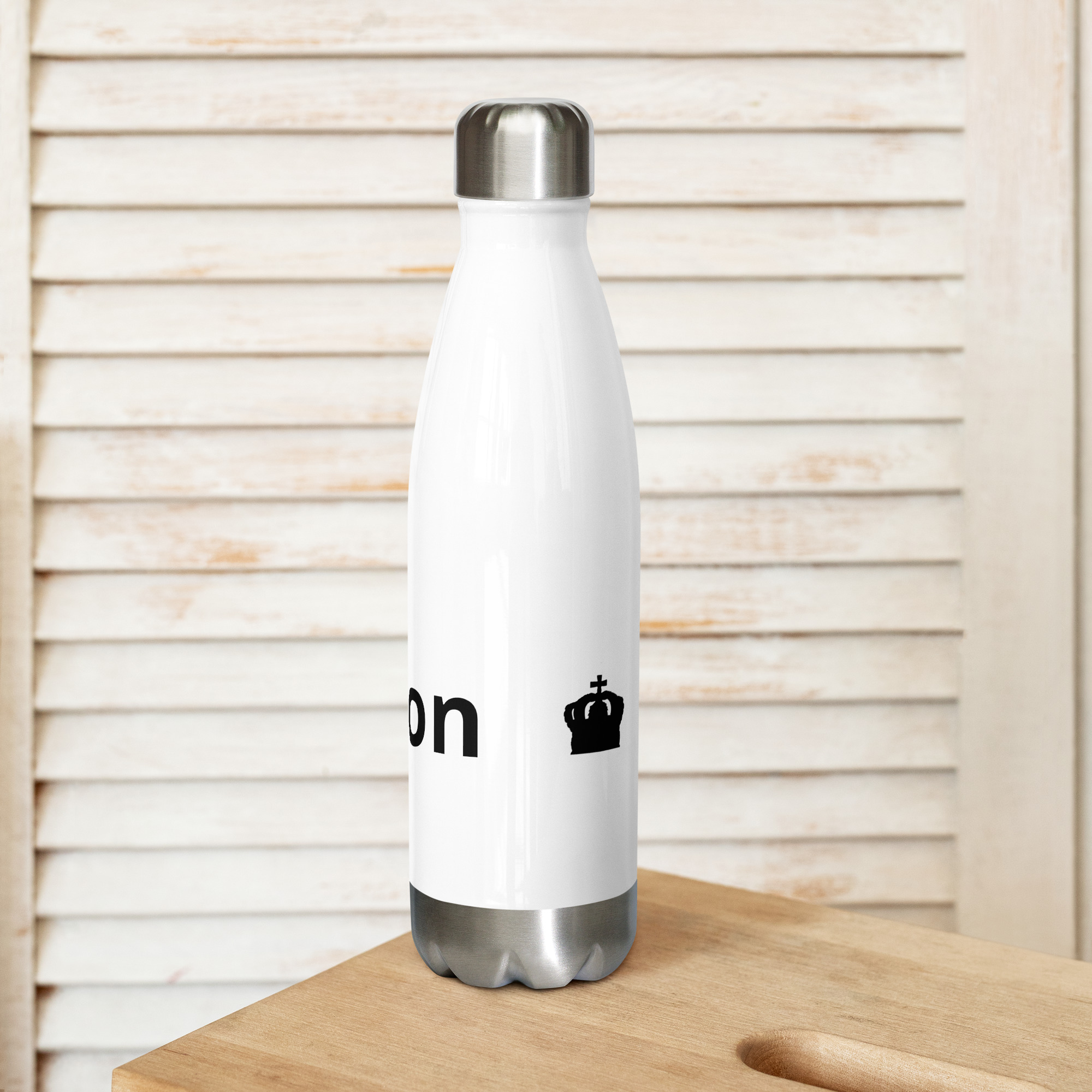 Rose Lion Icon Stainless Steel Water Bottle – White Minimalist Design with Black Branding