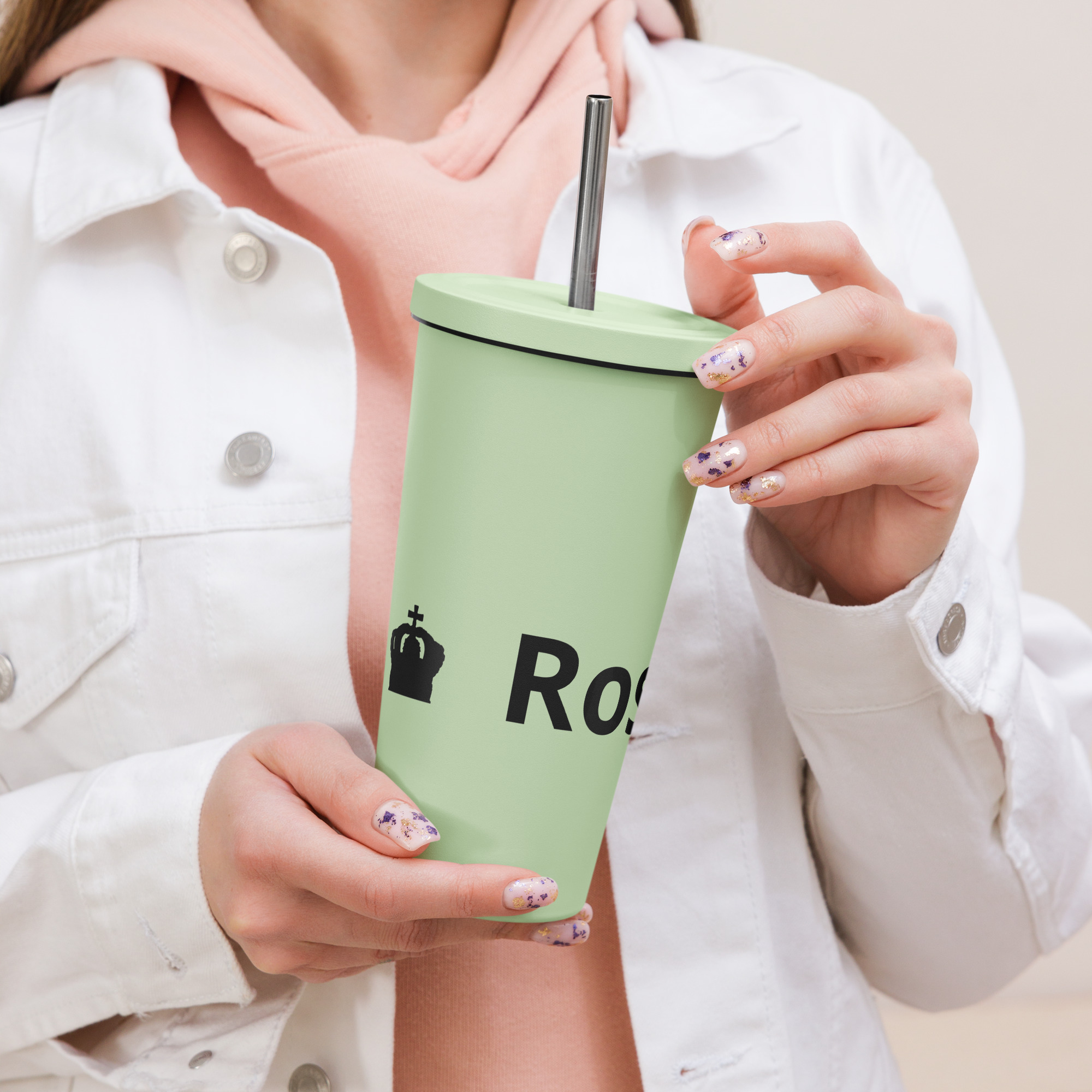 Rose Lion Icon Insulated Travel Tumbler – White with Black Branding & Reusable Straw