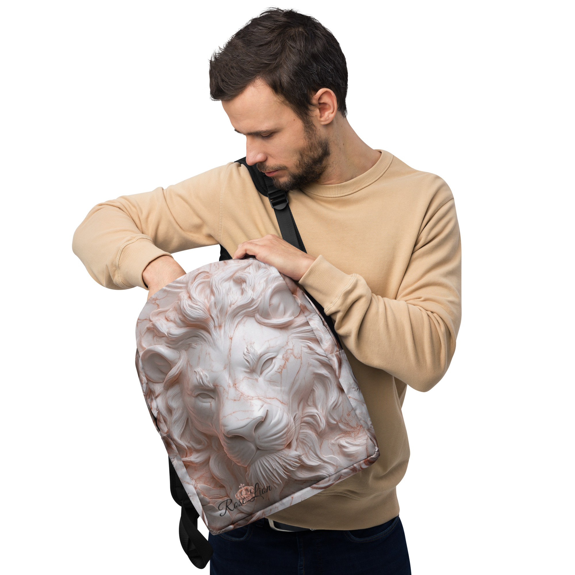 Rose Lion-Marble Lion Face Backpack – Minimalist Travel, Laptop & School Bag