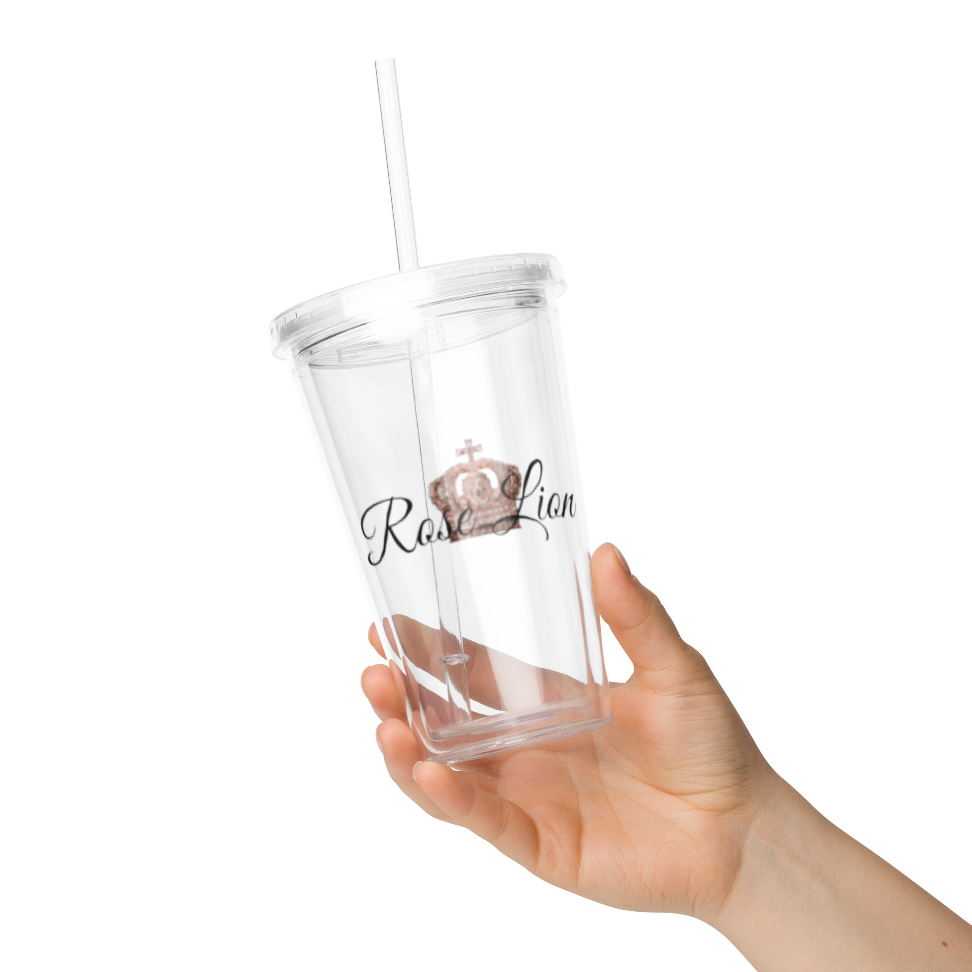 Rose Lion Icon Clear Tumbler with Lid & Straw – Transparent Cup with Black Branding