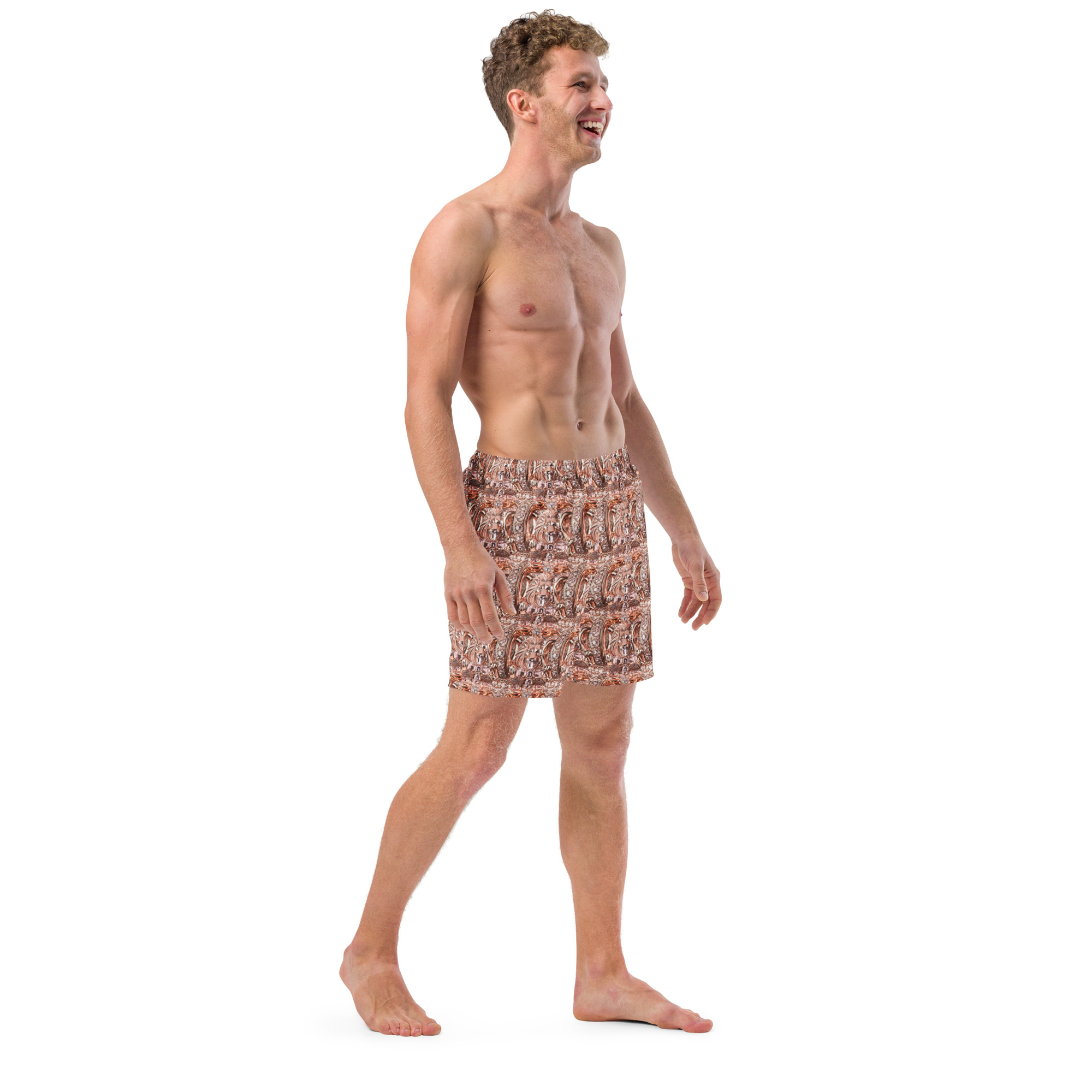 Rose Lion All-Over Print Recycled Men’s Swim Trunks | Geometric Rose Gold Crown Beachwear