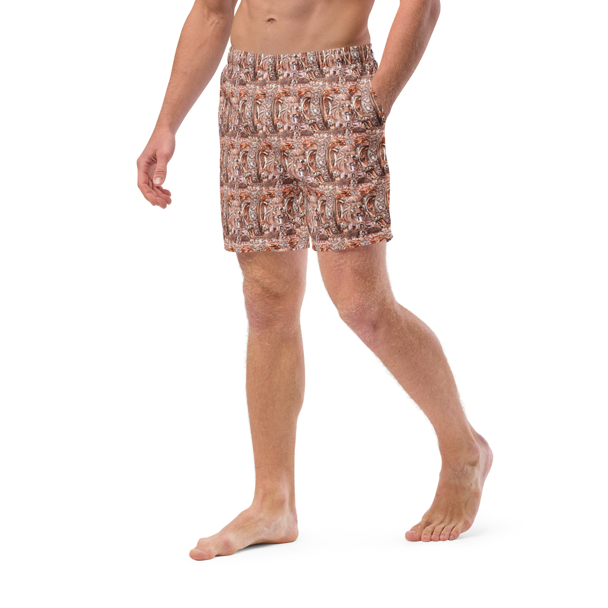 Rose Lion All-Over Print Recycled Men’s Swim Trunks | Geometric Rose Gold Crown Beachwear