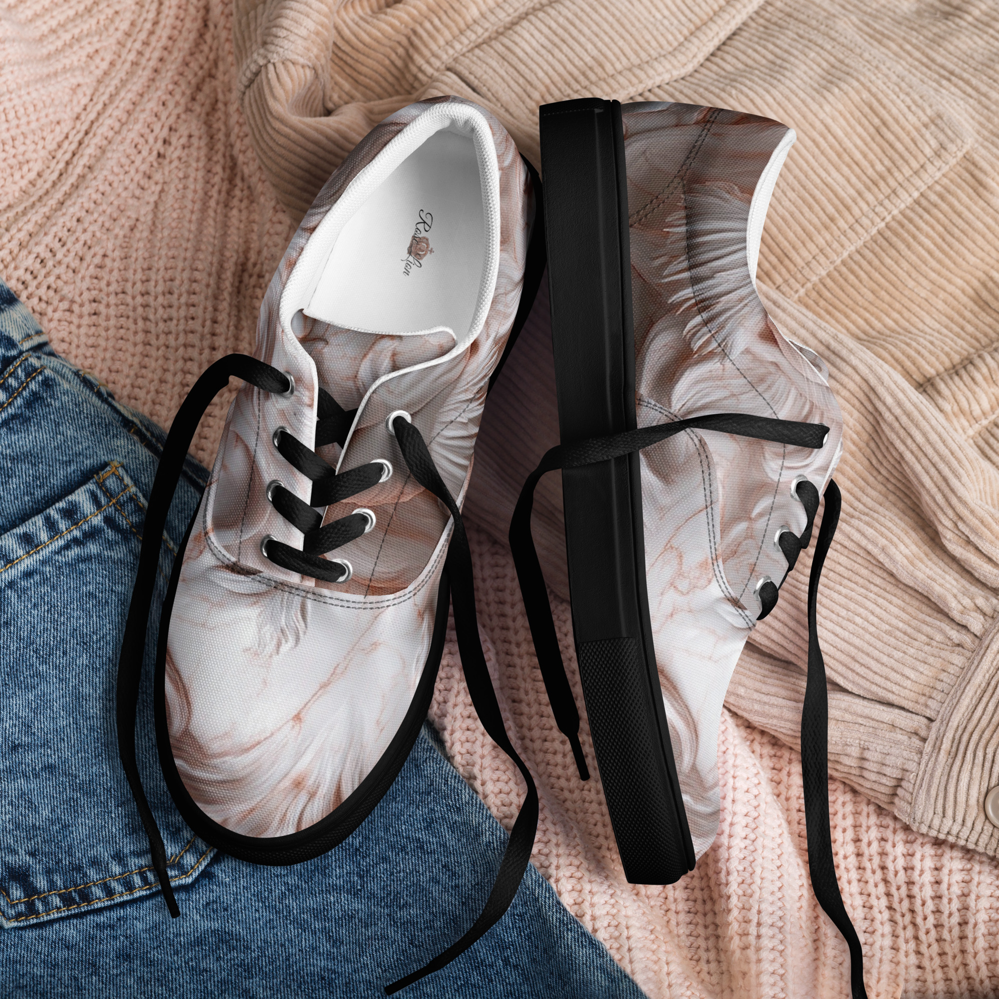 Rose Marble Lion Face Lace-Up Women's Canvas Sneakers Shoes, Trendy & Stylish