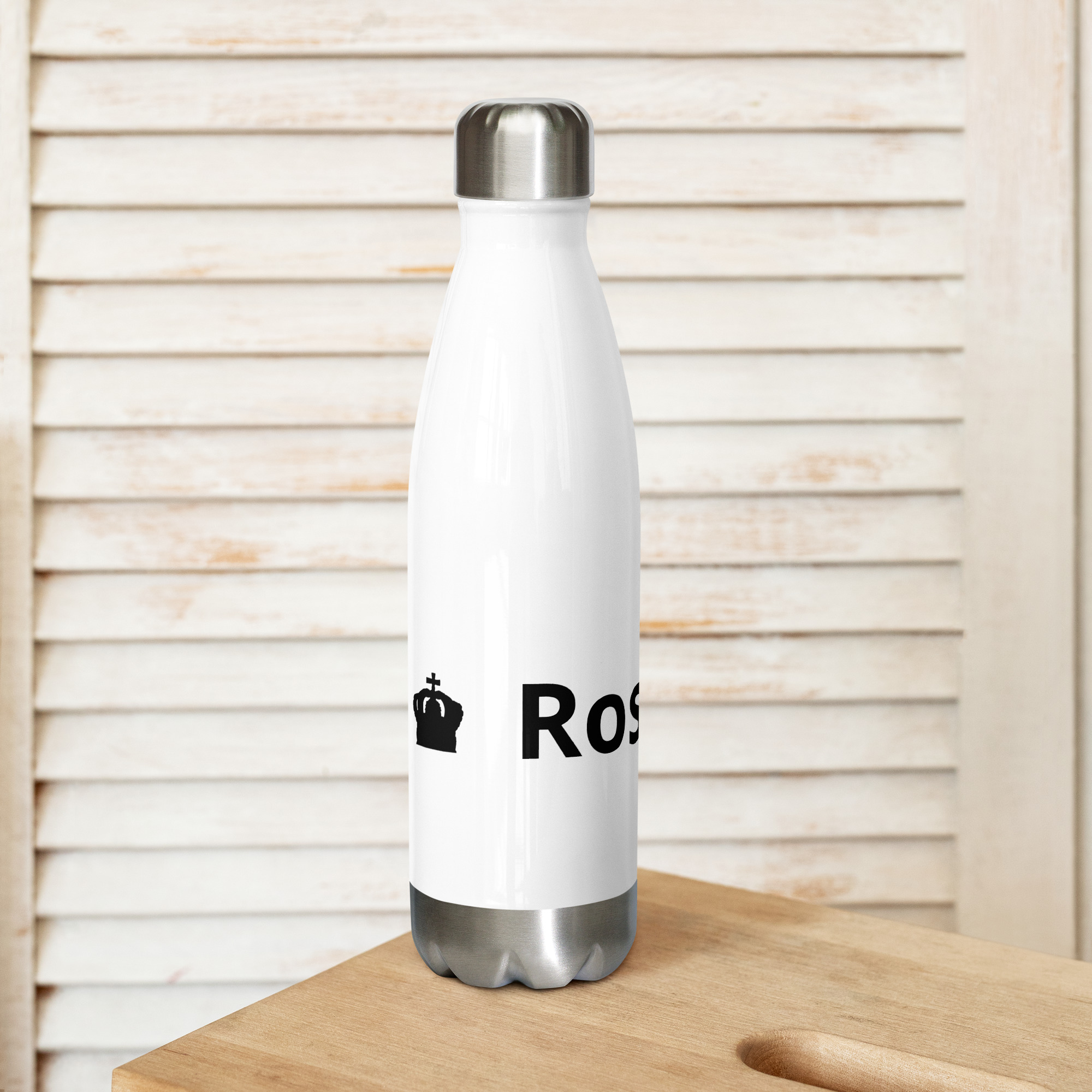 Rose Lion Icon Stainless Steel Water Bottle – White Minimalist Design with Black Branding
