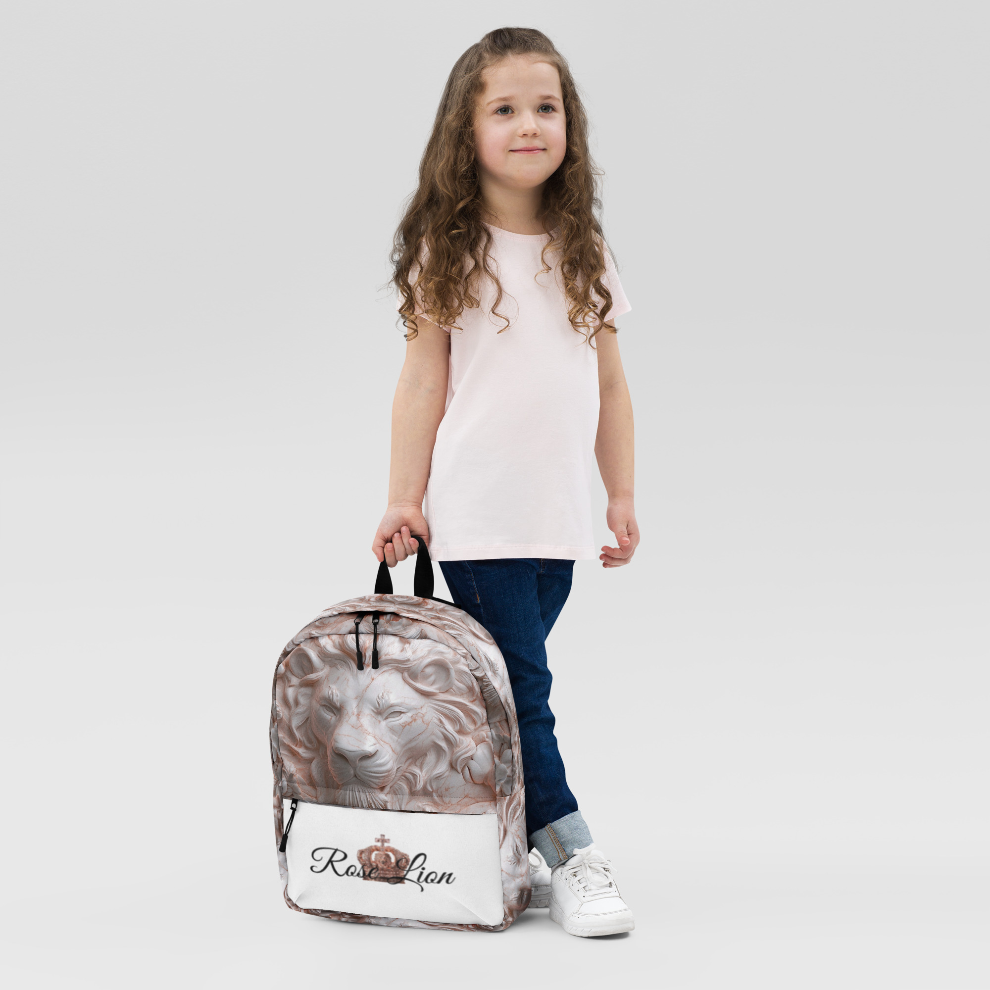 Trendy Lion Face Backpack – Rose Marble Print School, College, Travel Bag