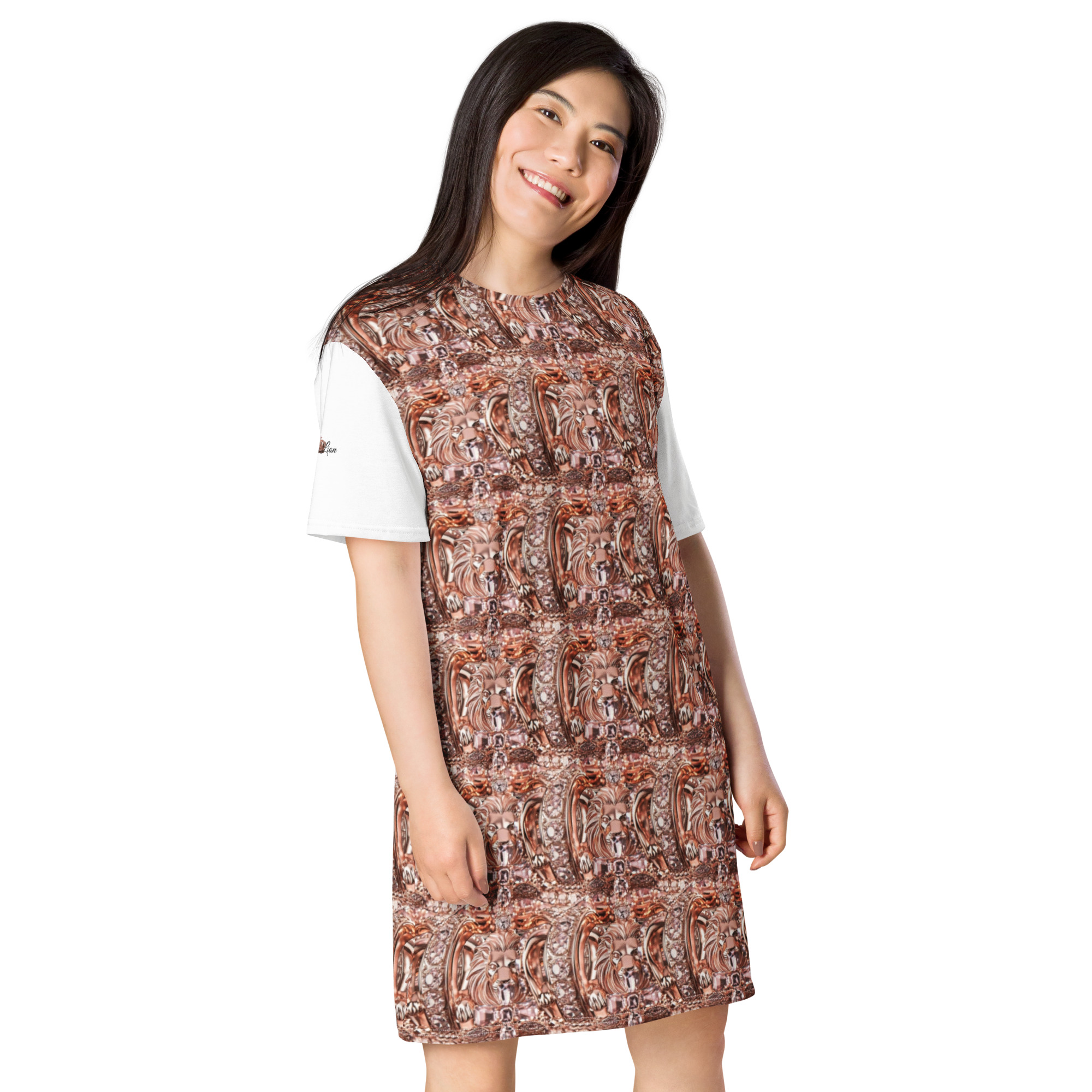 Rose Lion Women’s Designer T-Shirt Dress | Geometric Rose Gold Crown Statement Style