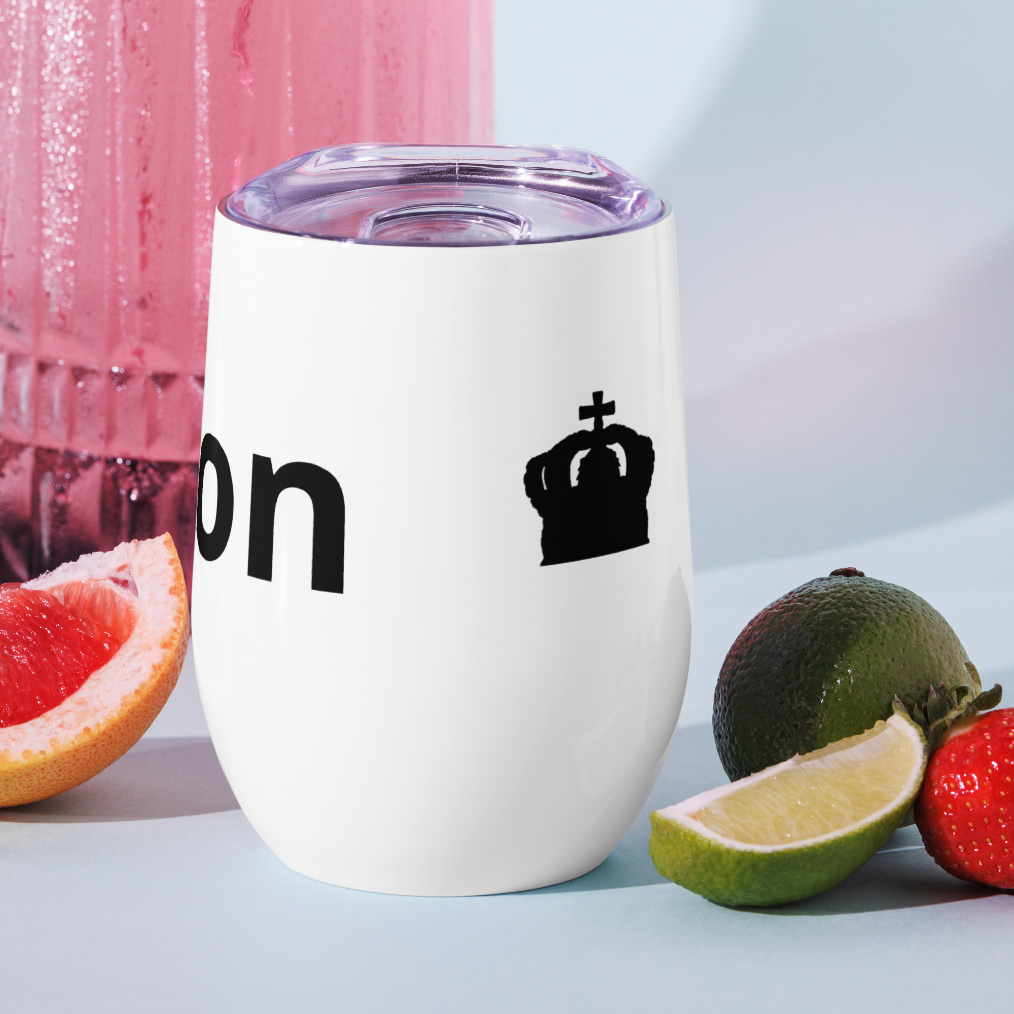 Rose Lion Icon Insulated Wine Tumbler – White with Black Branding | Elegant Stainless Steel Cup