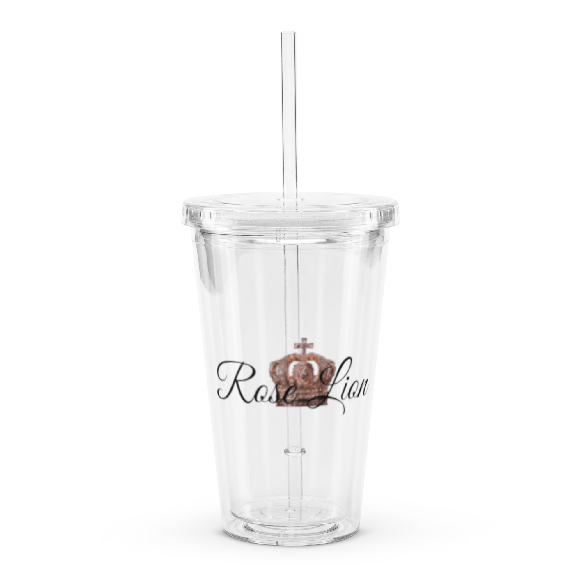 Rose Lion Icon Clear Tumbler with Lid & Straw – Transparent Cup with Black Branding