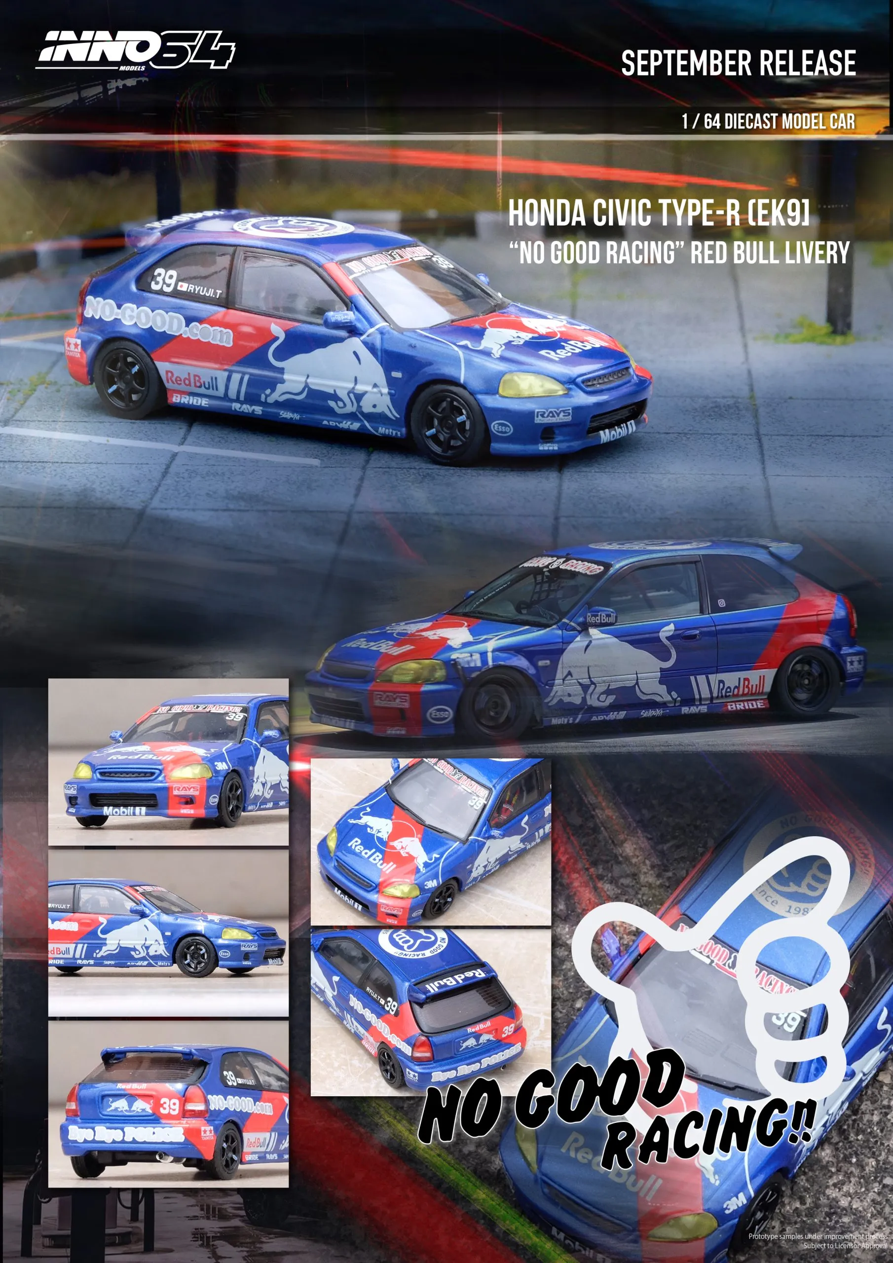 INNO64 HONDA CIVIC Type-R (EK9) "NO GOOD RACING" Red Bull Livery