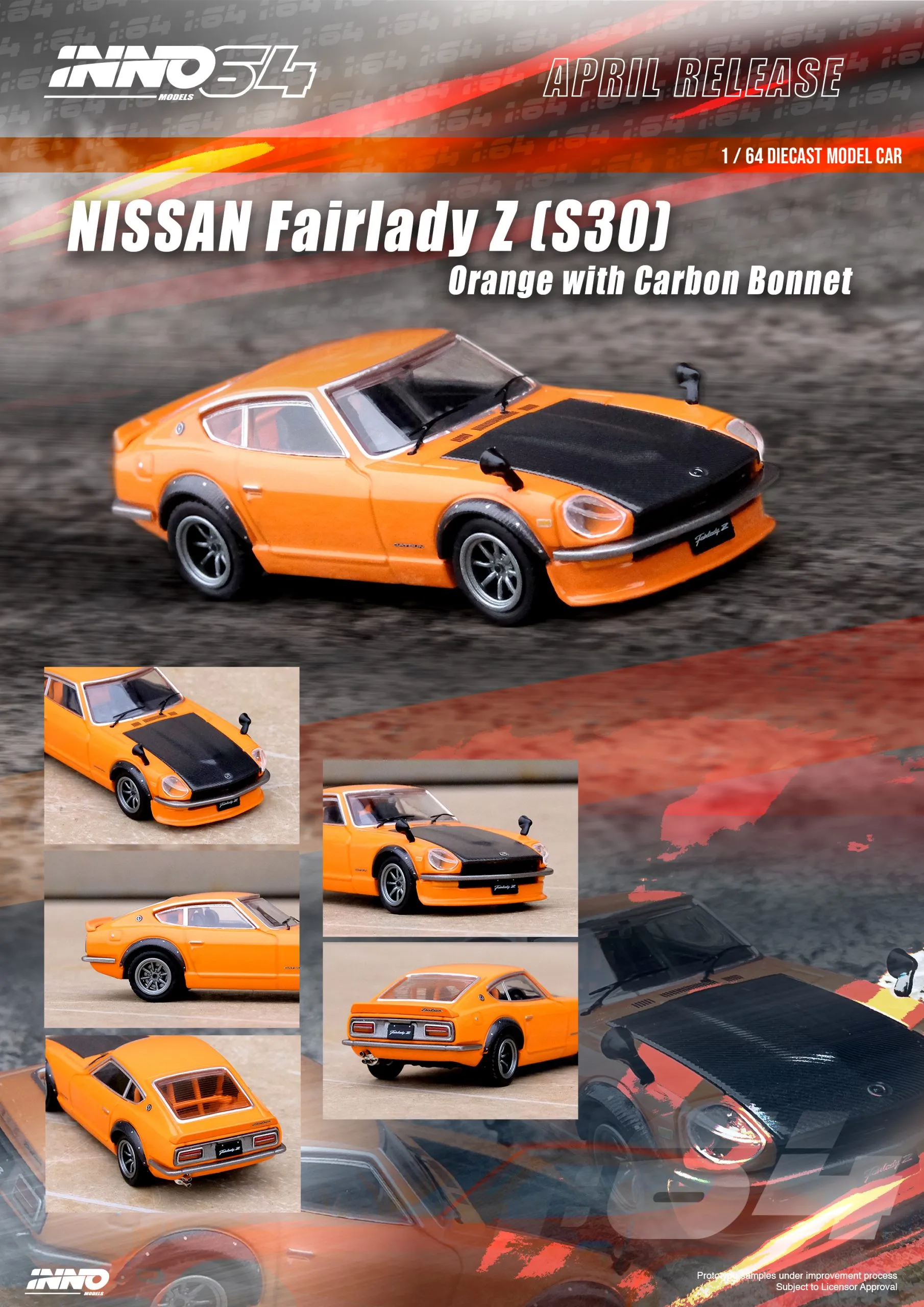 INNO64 NISSAN FAIRLADY Z (S30) Orange With Carbon Bonnet