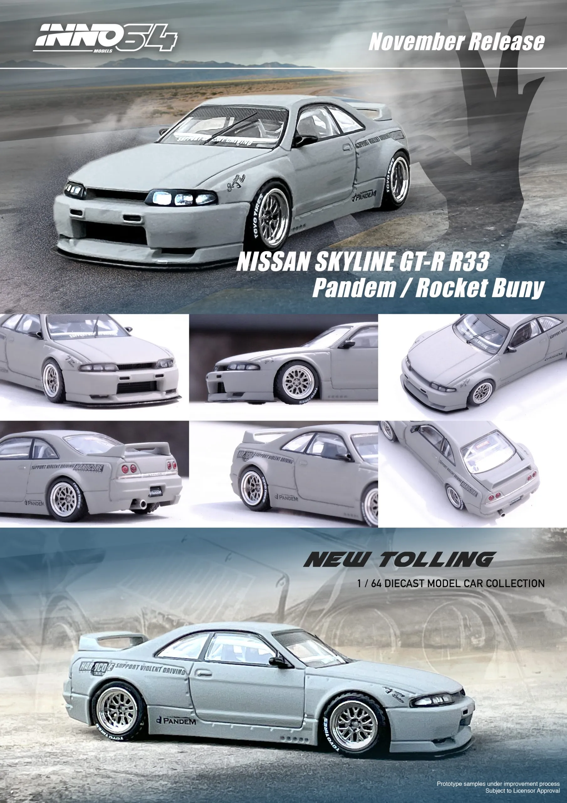 INNO64 NISSAN SKYLINE GT-R (R33) 'Pandem / Rocket Bunny' Cement Grey Matte