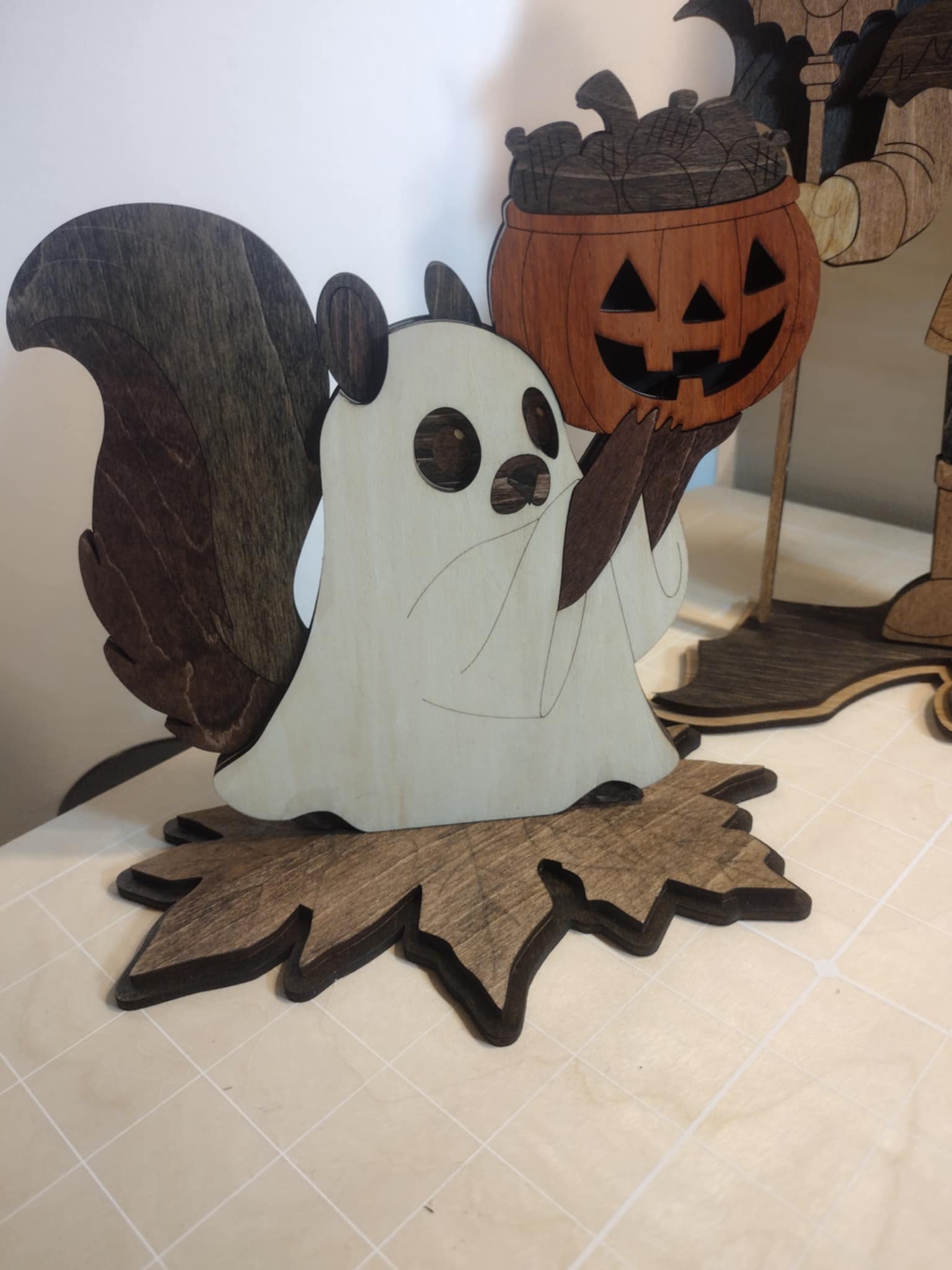 Wooden Halloween Ghost Squirrel Decoration