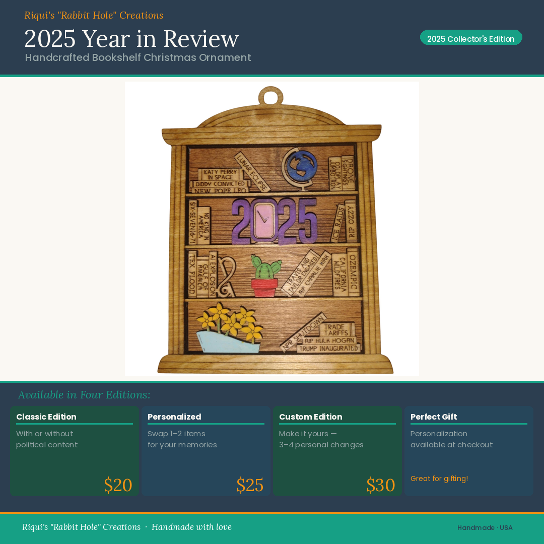 2025 Year in Review — Handcrafted Bookshelf Ornament