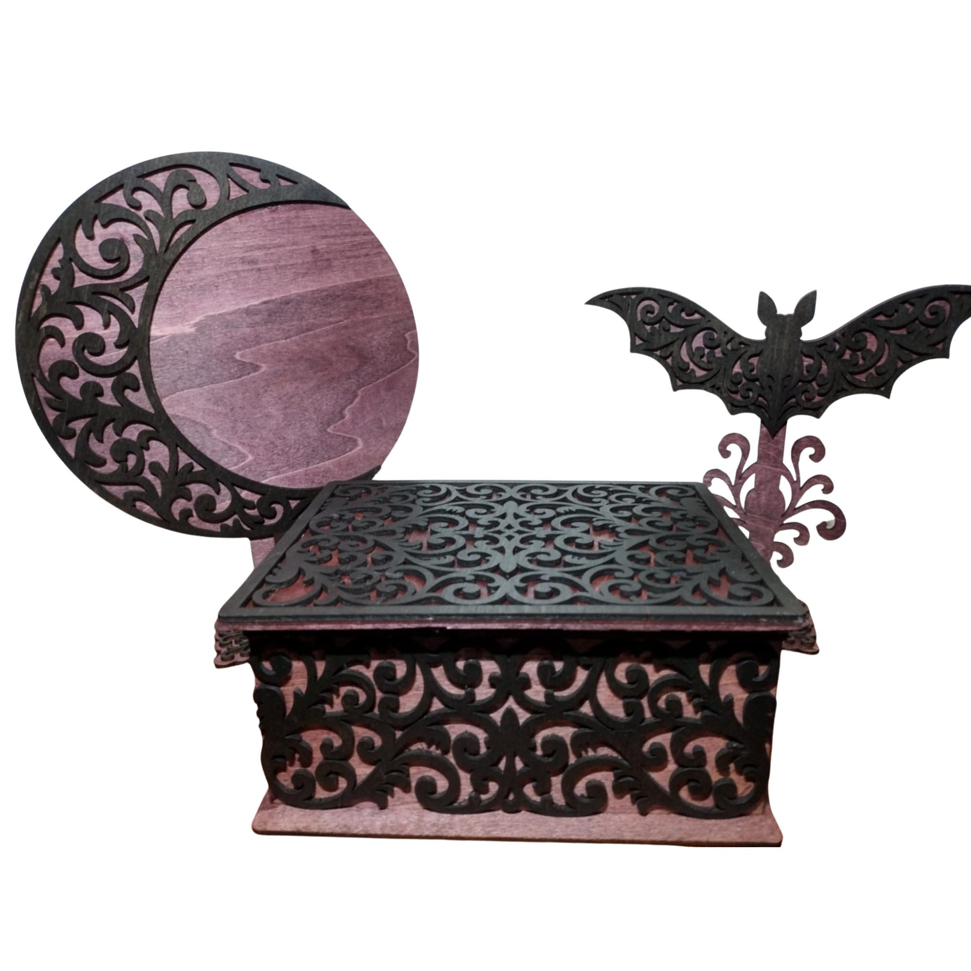 Filligree box, bat and moon set