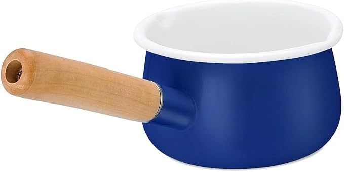 Enamel Milk Pan with Dual Pour Spout Butter Warmer Milk Pot for Stove Top Healthy White Enameled Inside Coating Iron 1QT Small Soup Pot with Wooden Handle Handy Pot (Blue)