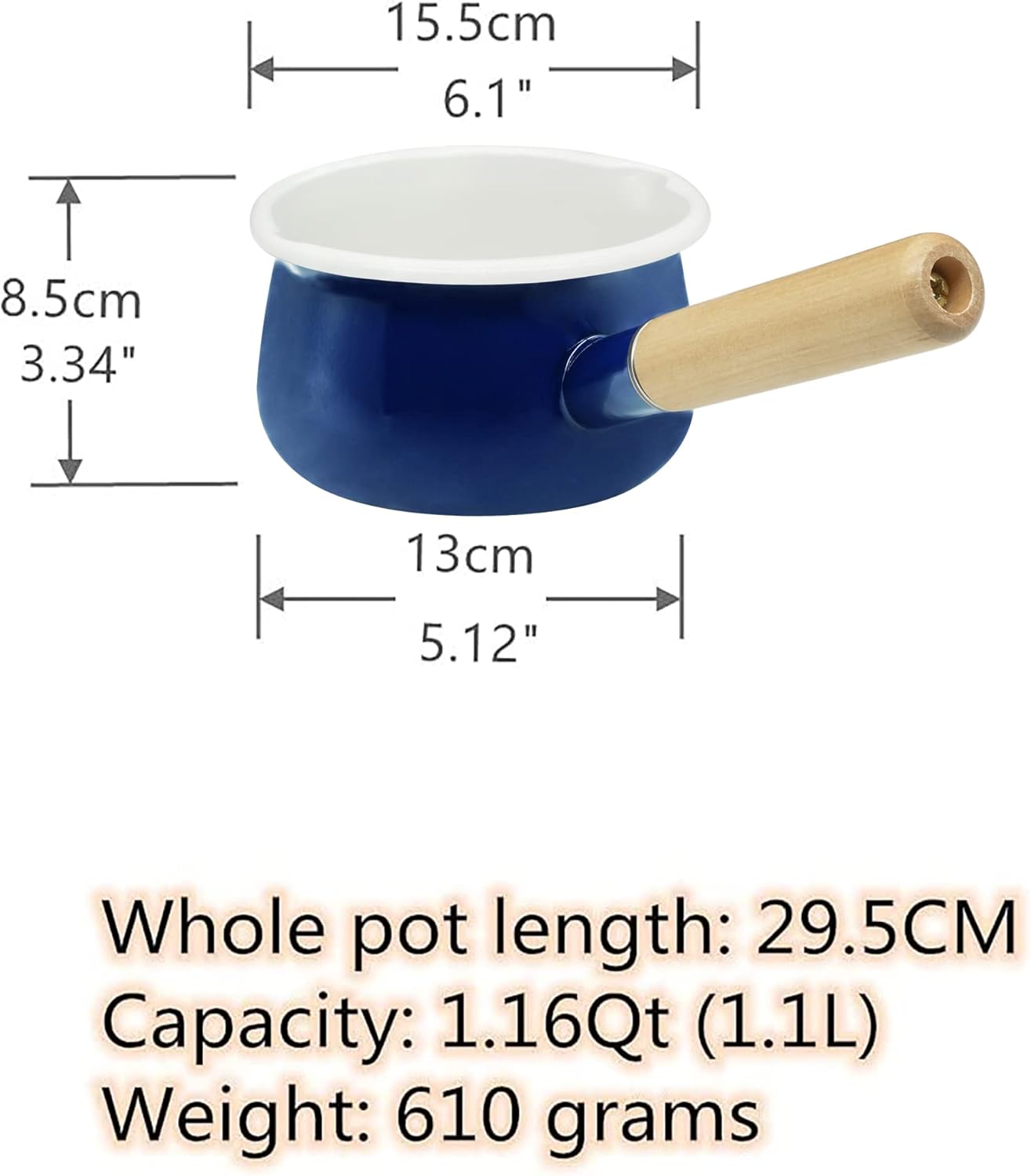 Enamel Milk Pan with Dual Pour Spout Butter Warmer Milk Pot for Stove Top Healthy White Enameled Inside Coating Iron 1QT Small Soup Pot with Wooden Handle Handy Pot (Blue)