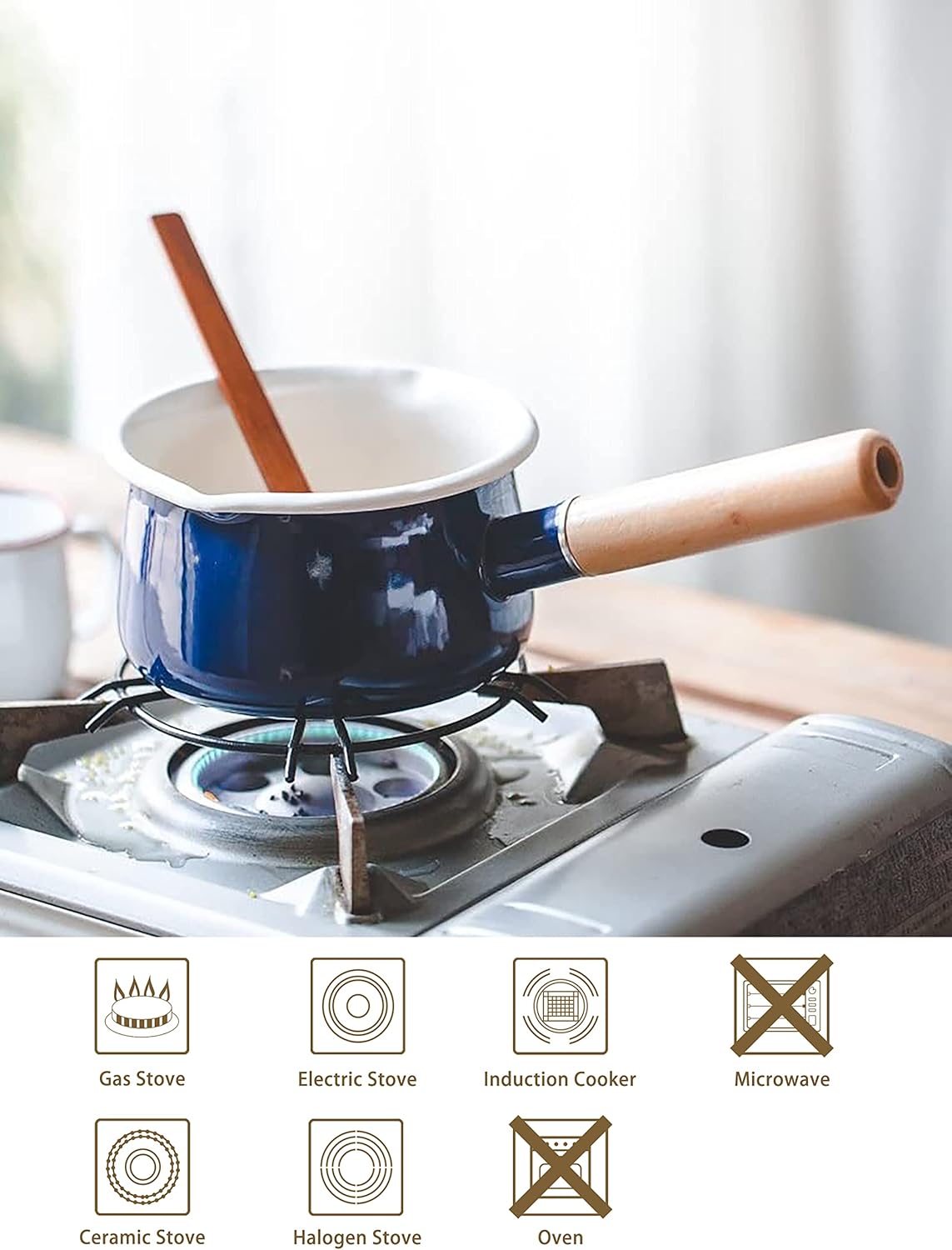 Enamel Milk Pan with Dual Pour Spout Butter Warmer Milk Pot for Stove Top Healthy White Enameled Inside Coating Iron 1QT Small Soup Pot with Wooden Handle Handy Pot (Blue)