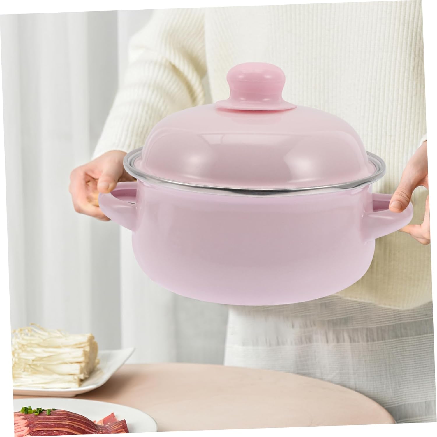 Double Handled Enamel Soup Pot with Lid Vintage Stockpot for Household Cooking Non-stick Stew Pot for Soup and Stew Making Kitchen Essential