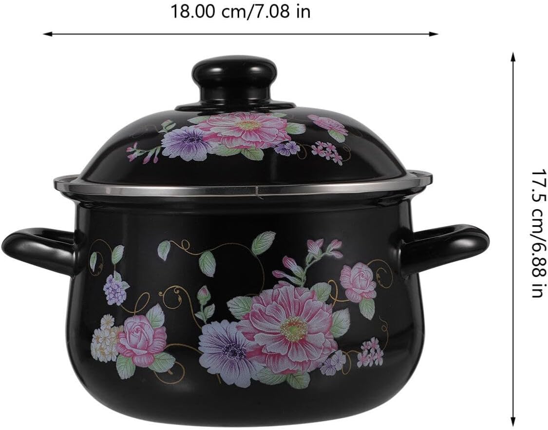 Enamel Stock Pot Enamel Soup Pot Enamelware Cooking Pot Kitchen Stockpot Binaural Soup Pan Enamel on Steel Cookware Flower Pattern Stew Pot for Home Kitchen Accessories Black