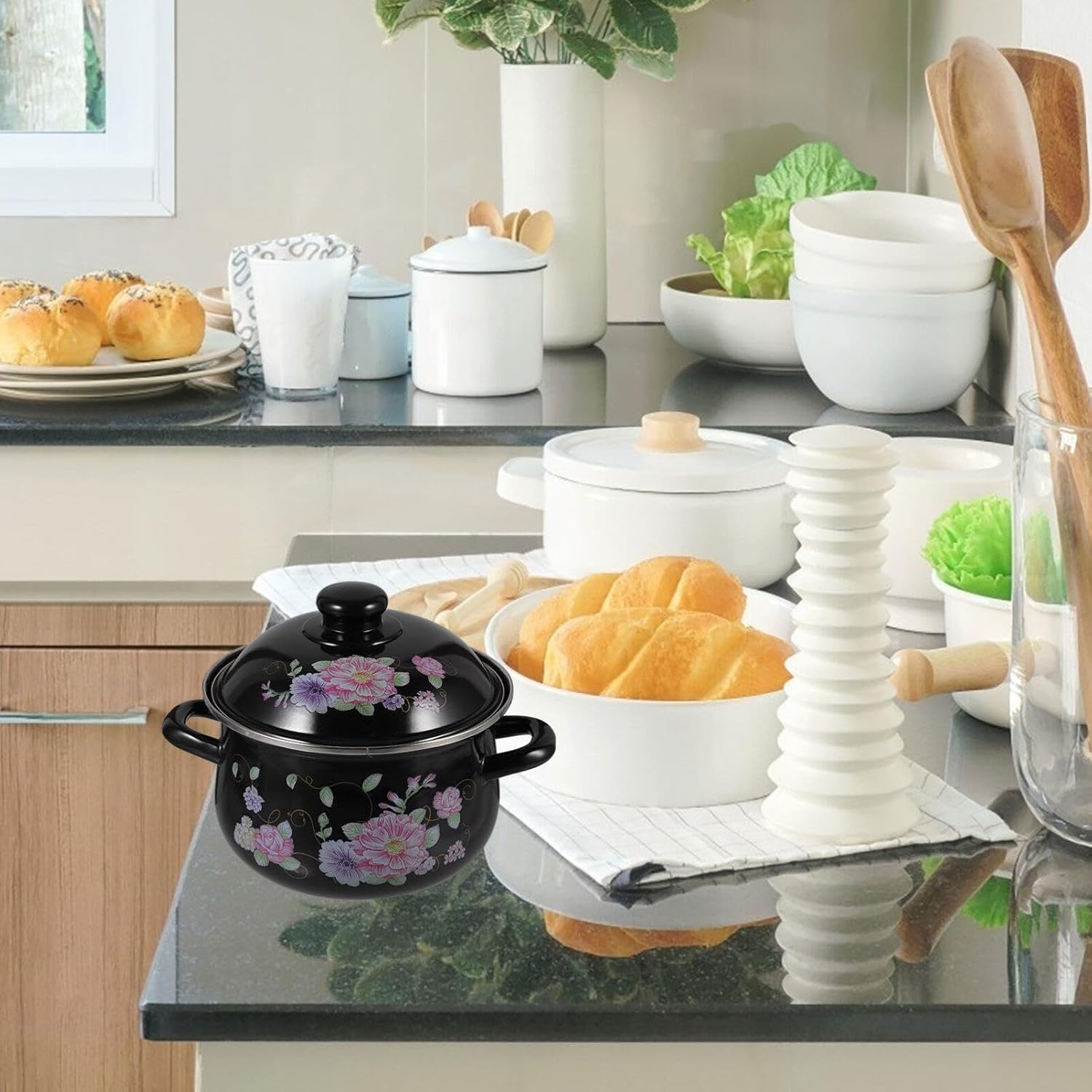 Enamel Stock Pot Enamel Soup Pot Enamelware Cooking Pot Kitchen Stockpot Binaural Soup Pan Enamel on Steel Cookware Flower Pattern Stew Pot for Home Kitchen Accessories Black