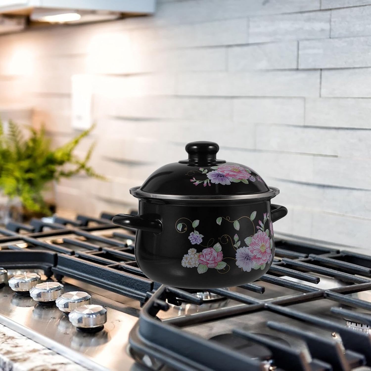 Enamel Stock Pot Enamel Soup Pot Enamelware Cooking Pot Kitchen Stockpot Binaural Soup Pan Enamel on Steel Cookware Flower Pattern Stew Pot for Home Kitchen Accessories Black