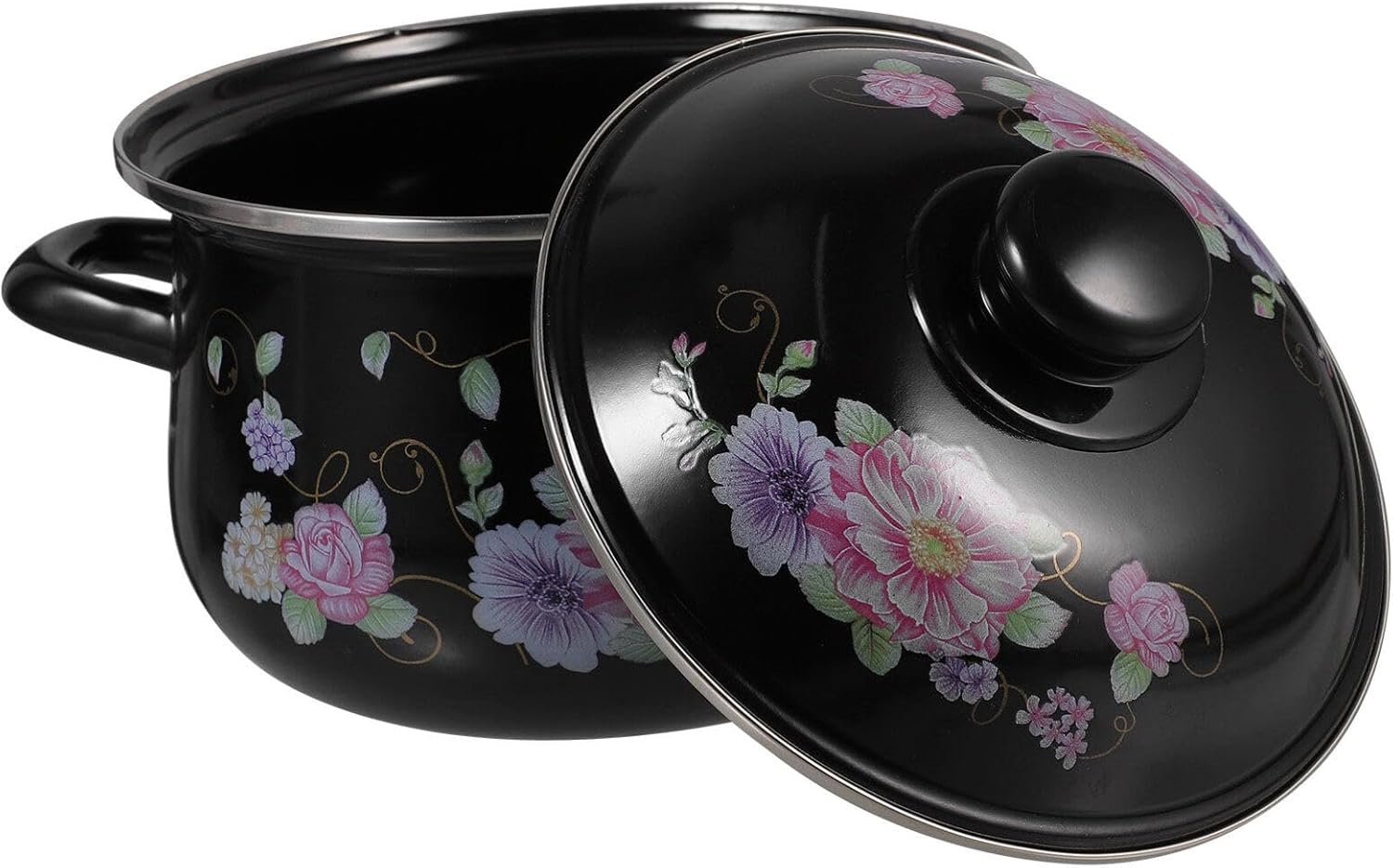 Enamel Stock Pot Enamel Soup Pot Enamelware Cooking Pot Kitchen Stockpot Binaural Soup Pan Enamel on Steel Cookware Flower Pattern Stew Pot for Home Kitchen Accessories Black