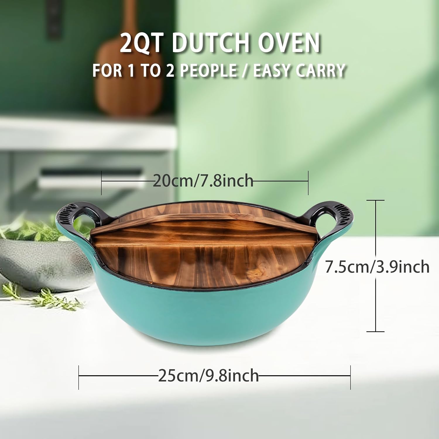 2 Quart Dutch Oven Pot Round Cast Iron Enamel Cookware with Wooden Lid Soup Pot Mini Soup Pots -Gradient Blue