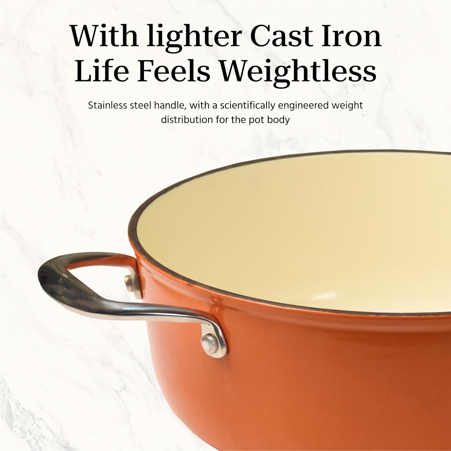 5 Quart Lightweight Enameled Cast Iron Dutch Oven with Lid - Dual Handles - Toxin-Free - Oven Safe up to 500° F or on Stovetop - Use to Marinate, Cook, Bake, Refrigerate and Serve - Tangelo