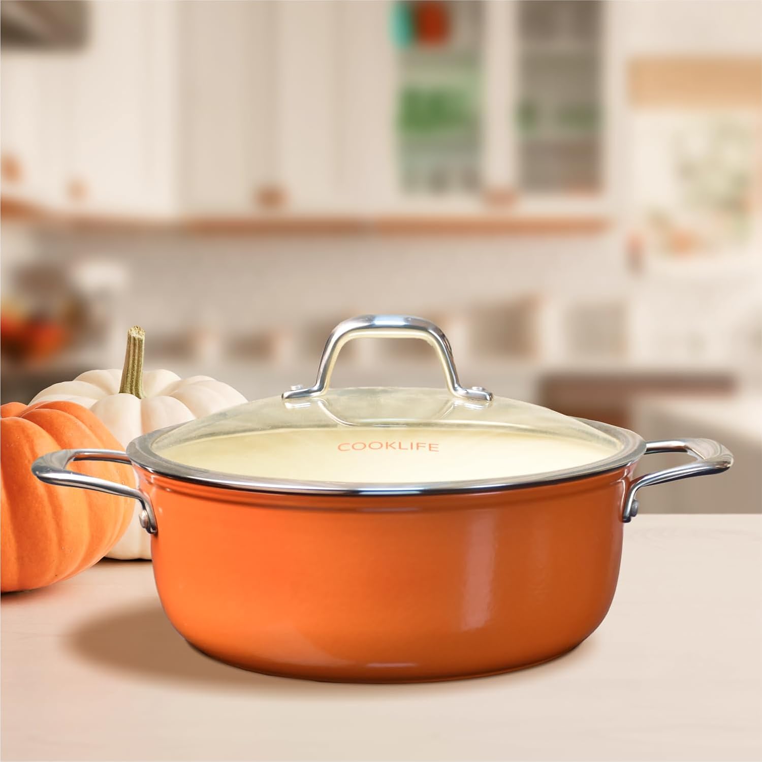 5 Quart Lightweight Enameled Cast Iron Dutch Oven with Lid - Dual Handles - Toxin-Free - Oven Safe up to 500° F or on Stovetop - Use to Marinate, Cook, Bake, Refrigerate and Serve - Tangelo