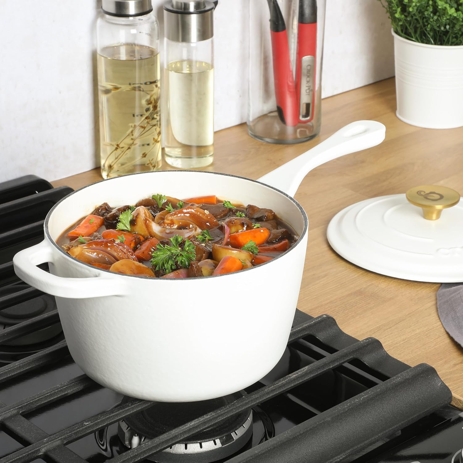 3 Qt European Enameled Cast Iron Sauce Pan W/Lid - Matte Linen White