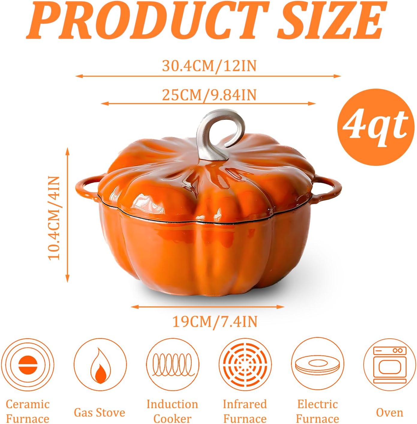 Pumpkin Cast Iron Dutch Oven, 4qt Pumpkin Cocotte, Pumpkin Shape Cooking Pot Enamel Pot, Pumpkin Pot with Lid, Stew Pot Soup Pot,Serves 3-5, Halloween Thanksgiving Decor Pot Gift
