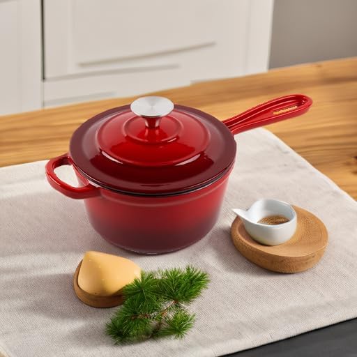 Enameled Cast Iron Sauce Pan, 1.6 Quarts Round Sauce Pot with Lid, Min Dutch Oven Enamel Saucepan for Cooking Pasta Sauce, Gravy, Puddings & Boiling, Gradient Red
