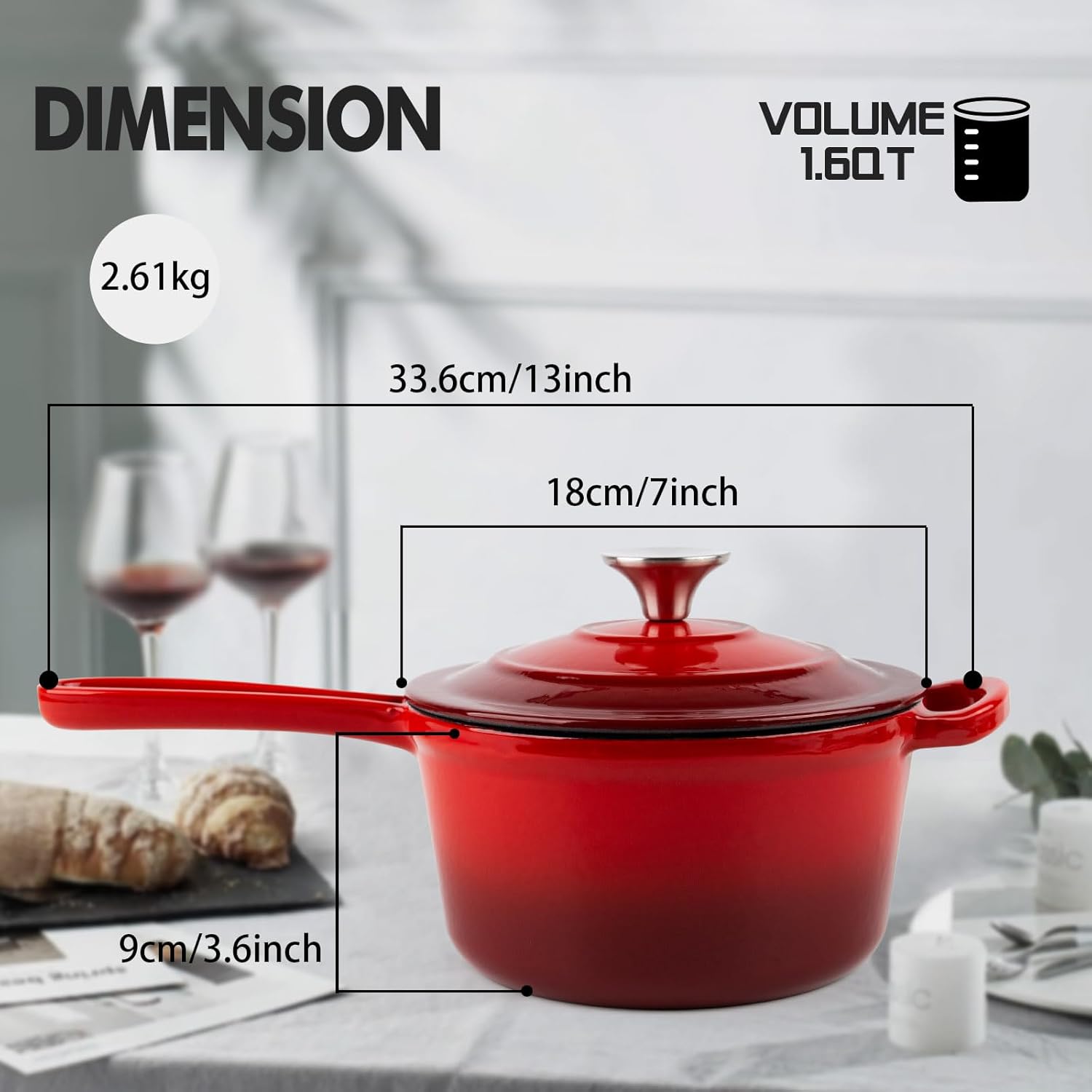 Enameled Cast Iron Sauce Pan, 1.6 Quarts Round Sauce Pot with Lid, Min Dutch Oven Enamel Saucepan for Cooking Pasta Sauce, Gravy, Puddings & Boiling, Gradient Red