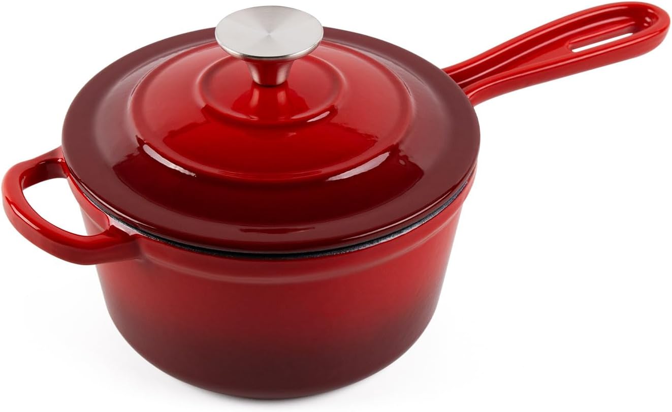 Enameled Cast Iron Sauce Pan, 1.6 Quarts Round Sauce Pot with Lid, Min Dutch Oven Enamel Saucepan for Cooking Pasta Sauce, Gravy, Puddings & Boiling, Gradient Red