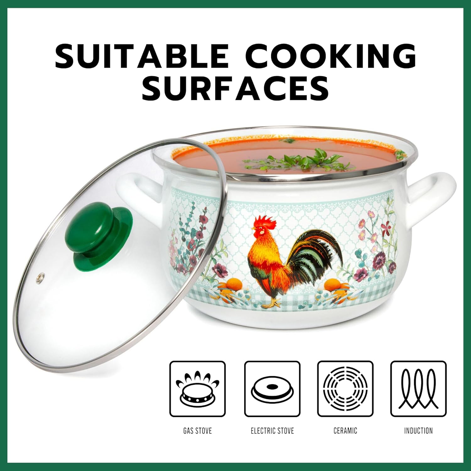 Enameled Aluminum Soup Pot Golden Rooster Belly Deep Casserole Cooking Pot with Glass Lid Enameled Camping Cookware Camping Stockpot for Cooking (2.95-qt. (2.8 L))