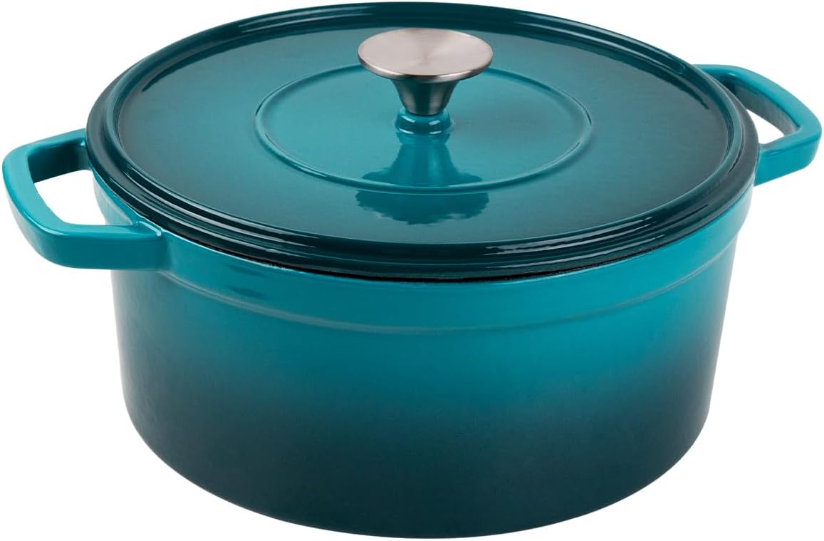 3QT Enameled Cast Iron Dutch Oven Pot with Lid for Bread Baking, Cooking, Round Bread Oven Dual Handles, Biue Green