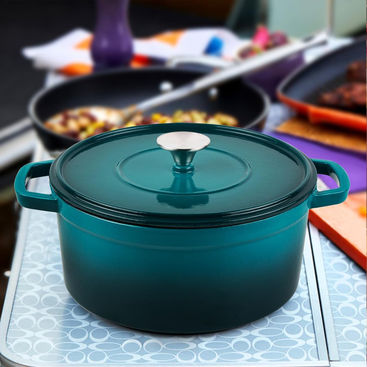 3QT Enameled Cast Iron Dutch Oven Pot with Lid for Bread Baking, Cooking, Round Bread Oven Dual Handles, Biue Green
