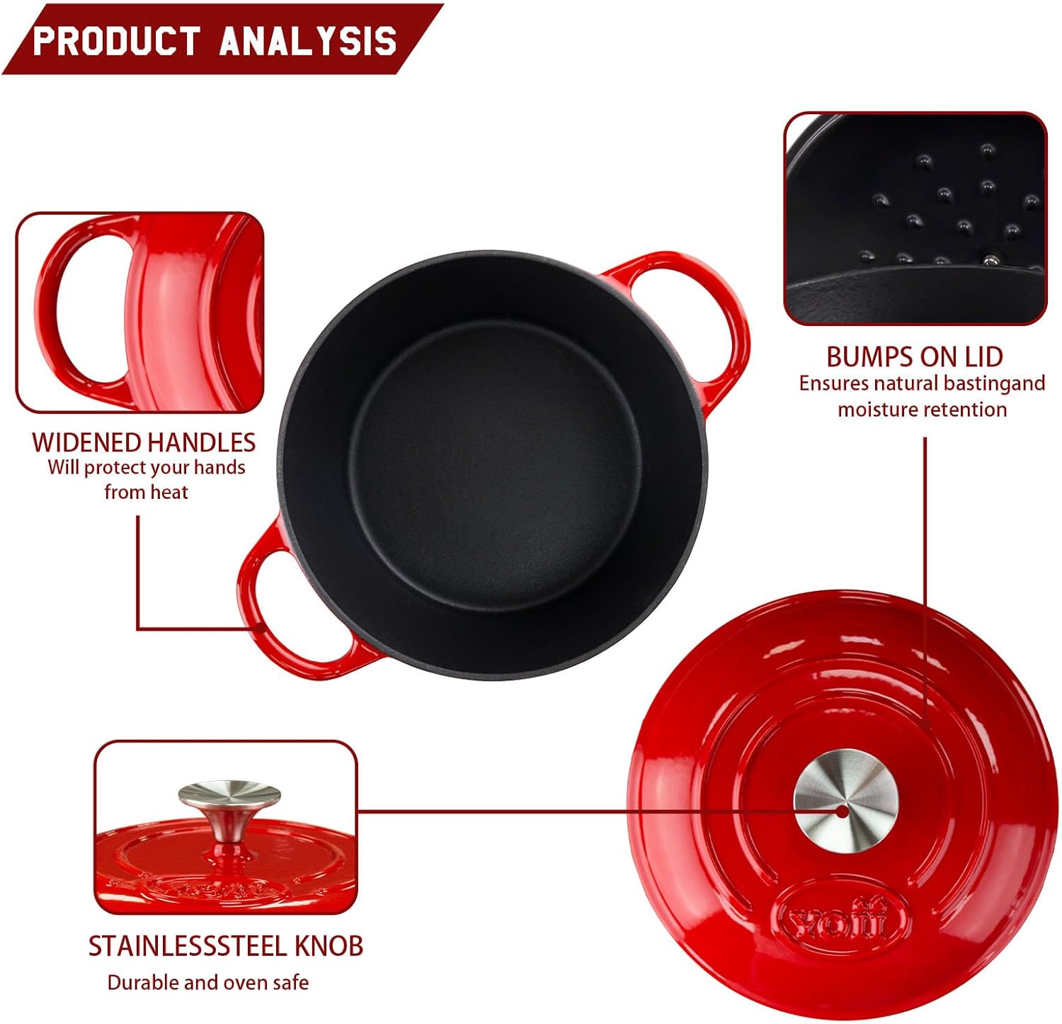 4 Quart Enameled Cast Iron Dutch Oven with Lid – Dual Handles –Oven Safe up to 500° F – Sturdy Dutch Oven Cookware – Solid Red