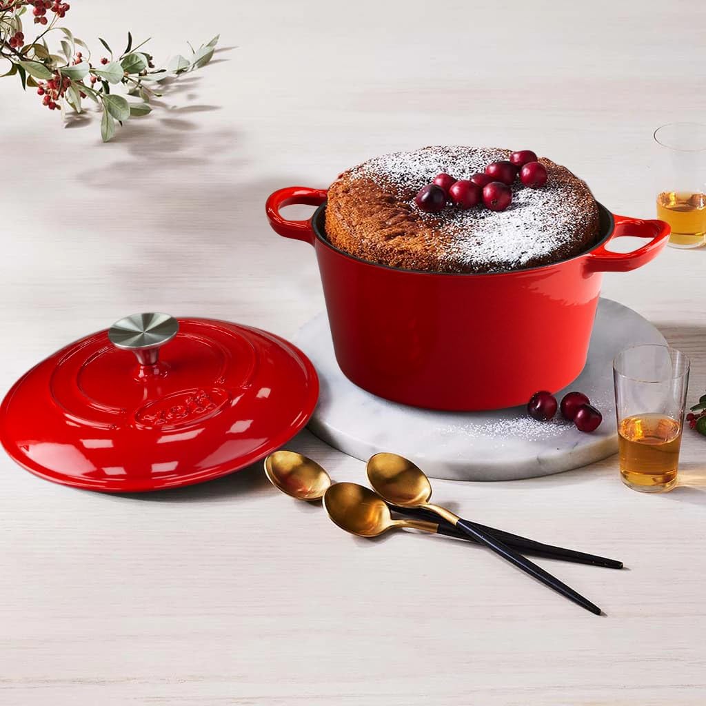 4 Quart Enameled Cast Iron Dutch Oven with Lid – Dual Handles –Oven Safe up to 500° F – Sturdy Dutch Oven Cookware – Solid Red